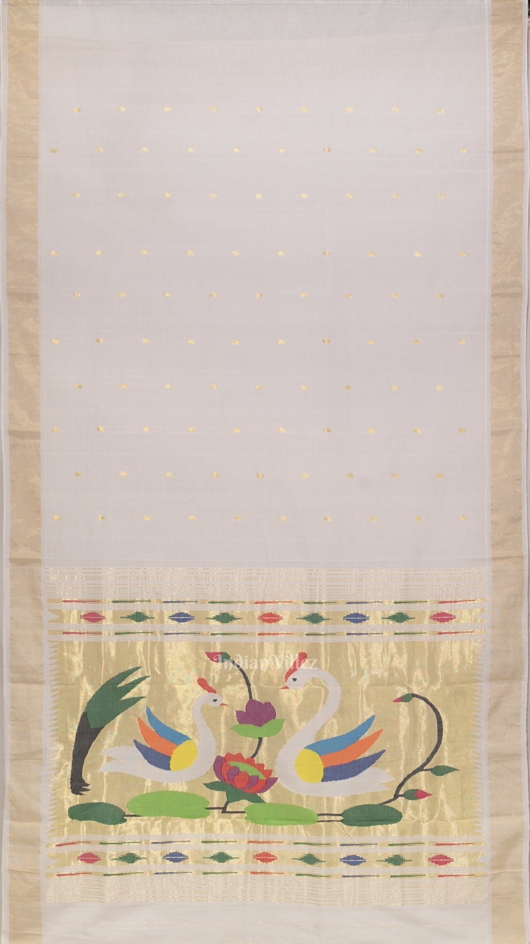 IndianVillèz White Golden Butta Design Cotton Paithani Saree