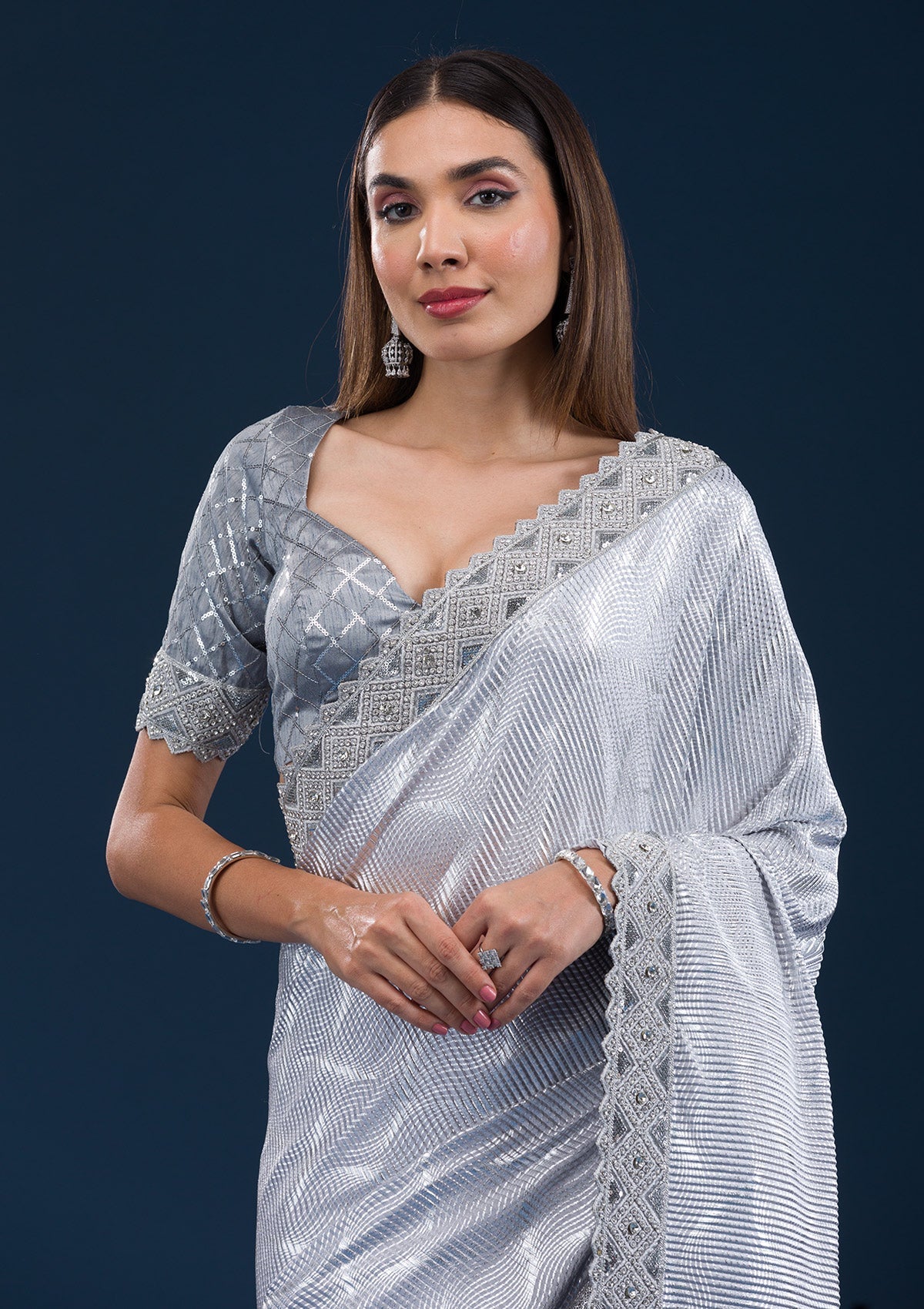 Koskii Grey Stonework Semi Crepe Saree – Women's - view 6
