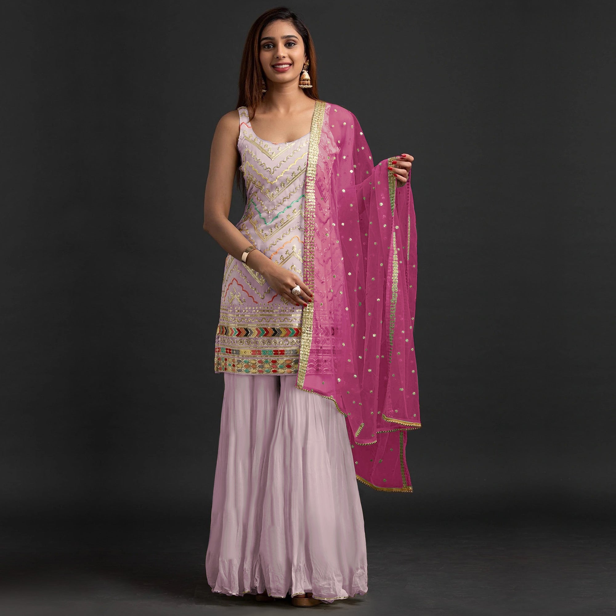 Peachmode Lavender Embroidered Georgette Sharara Suit - view 2