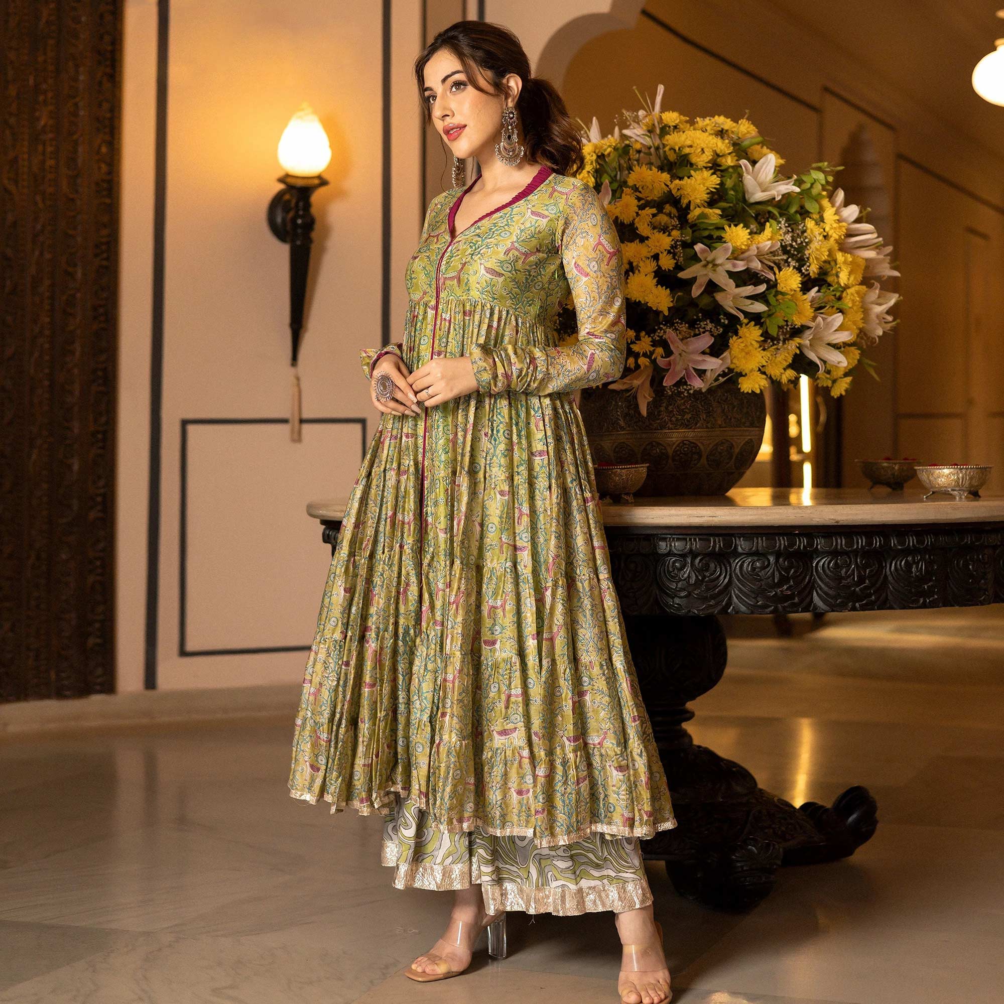 Peachmode Seller Mahendi Green Floral Digital Printed Chanderi Anarkali Style Suit - view 4