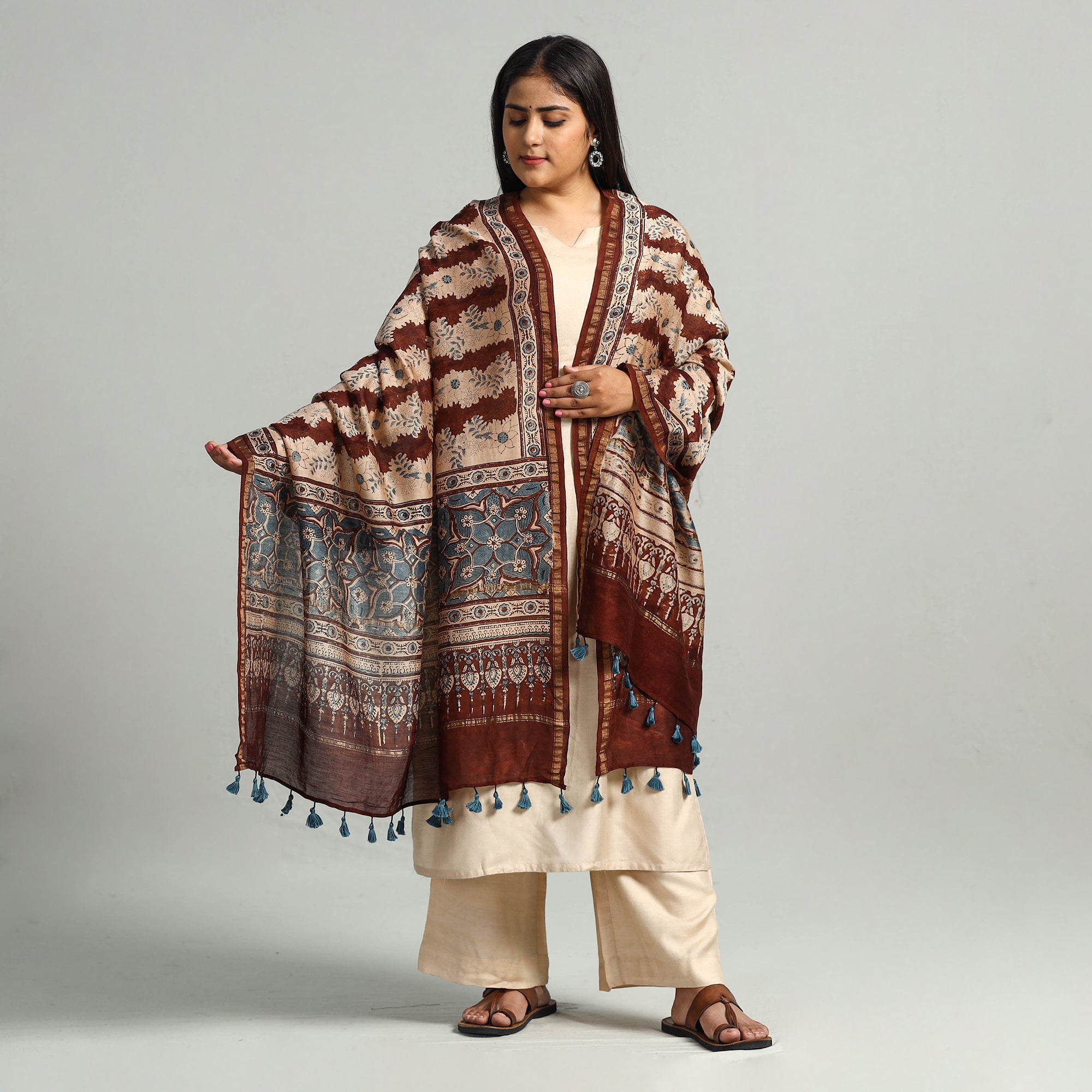 AJRAKH BY SUFIYAN ISMAIL KHATRI Brown - Block Printed Chanderi Silk Handloom Ajrakh Dupatta 10 - view 2