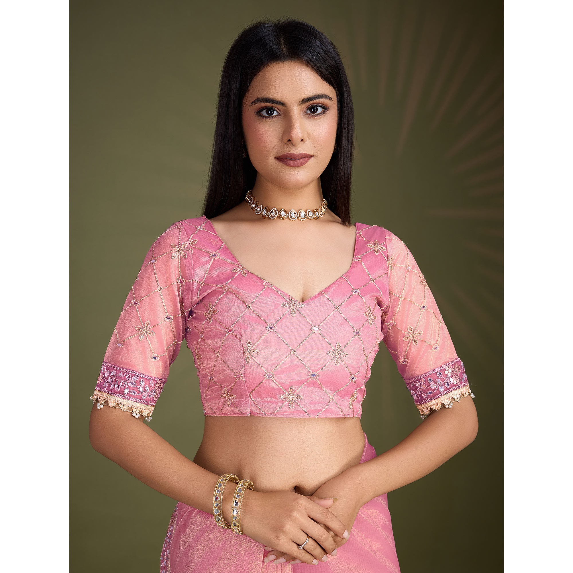 Peachmode Light Pink Sequins Embroidery With Mirror Handwork Twill Net Saree - view 9