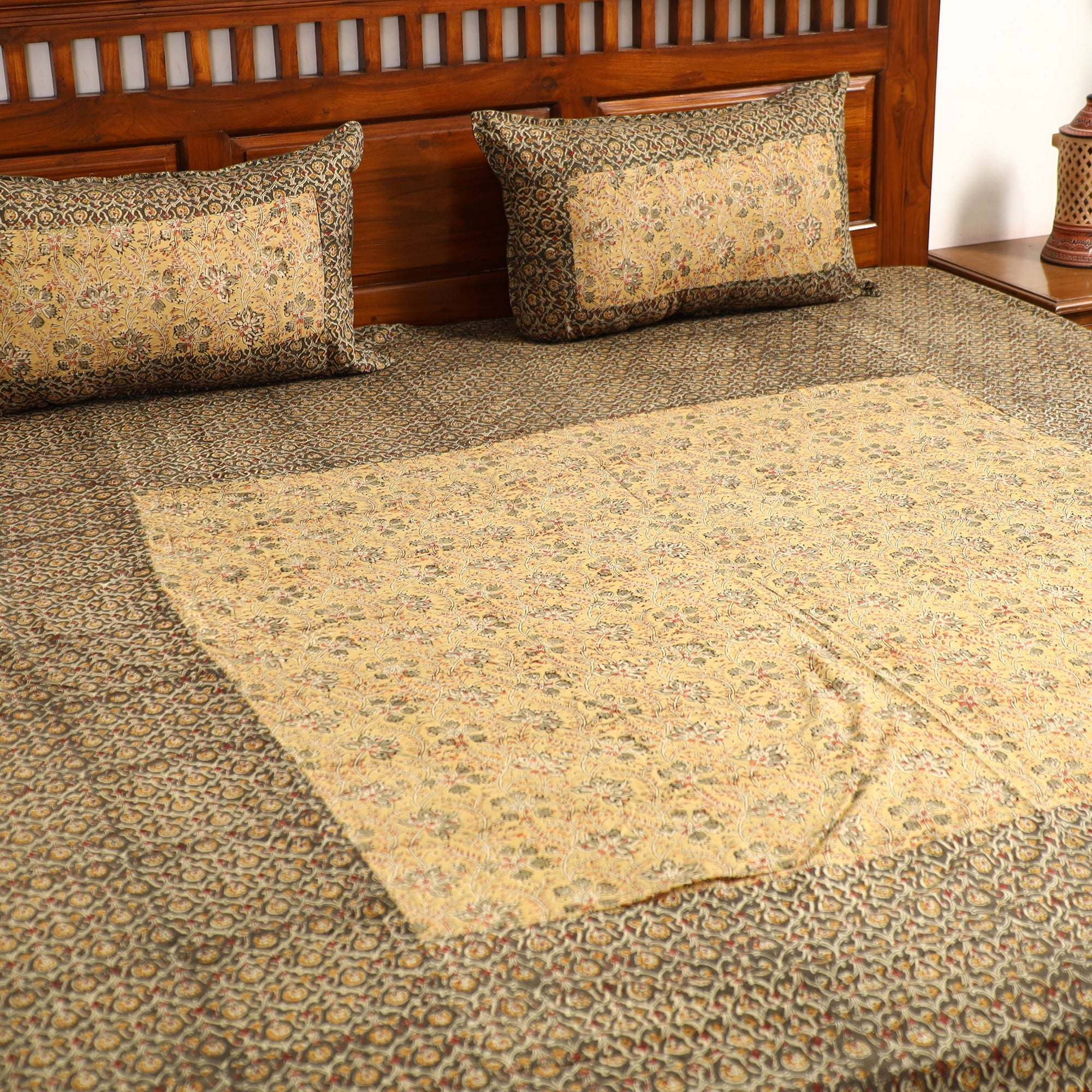 NOORI BAZAR Brown - Kalamkari Block Printed Patchwork Cotton Double Bed Cover With Pillow Covers (108 x 90 in) - view 3