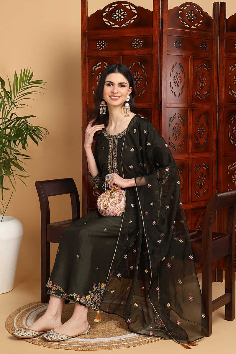 Ahika Olive Green Silk Blend Floral Embroidered Straight Suit Set PKSKD2239 - view 5