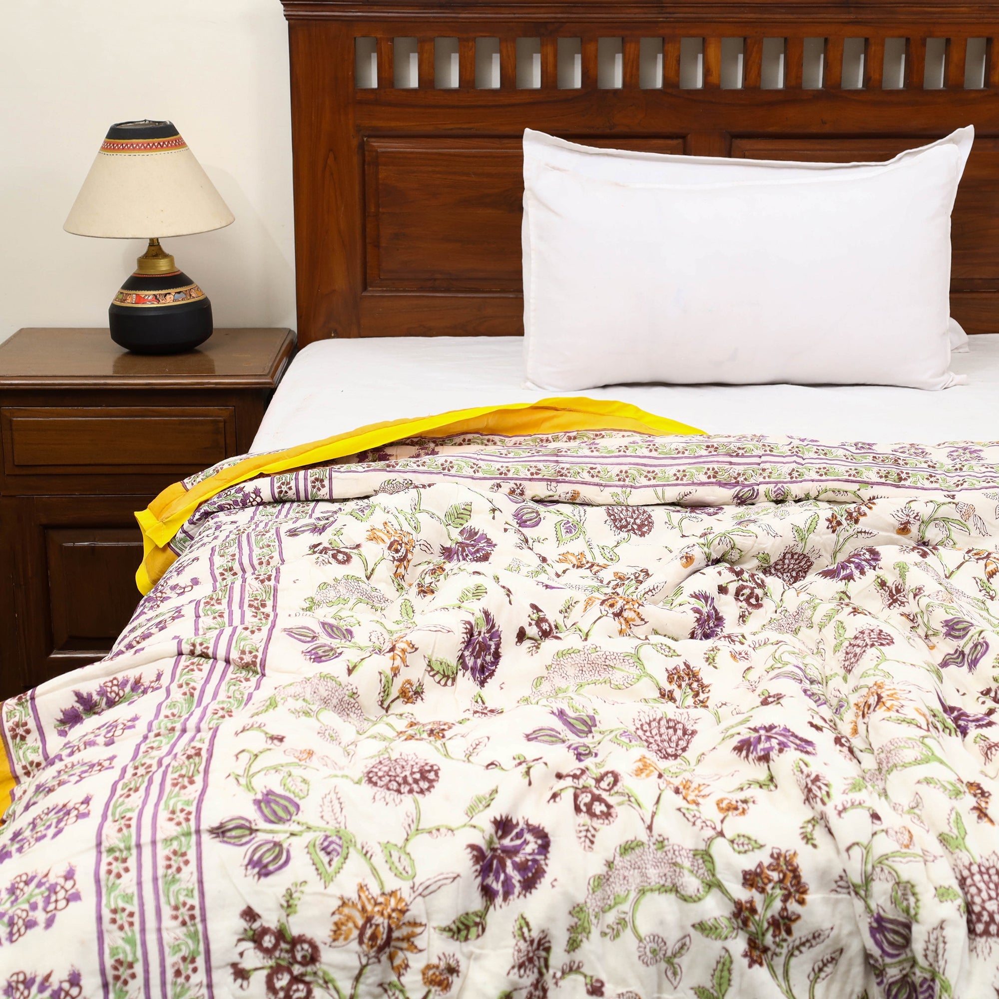 ARTISAN HAND BLOCK PRINTS Beige - Sanganeri Reversible Single Soft Cotton Quilt/Blanket 06 - view 3