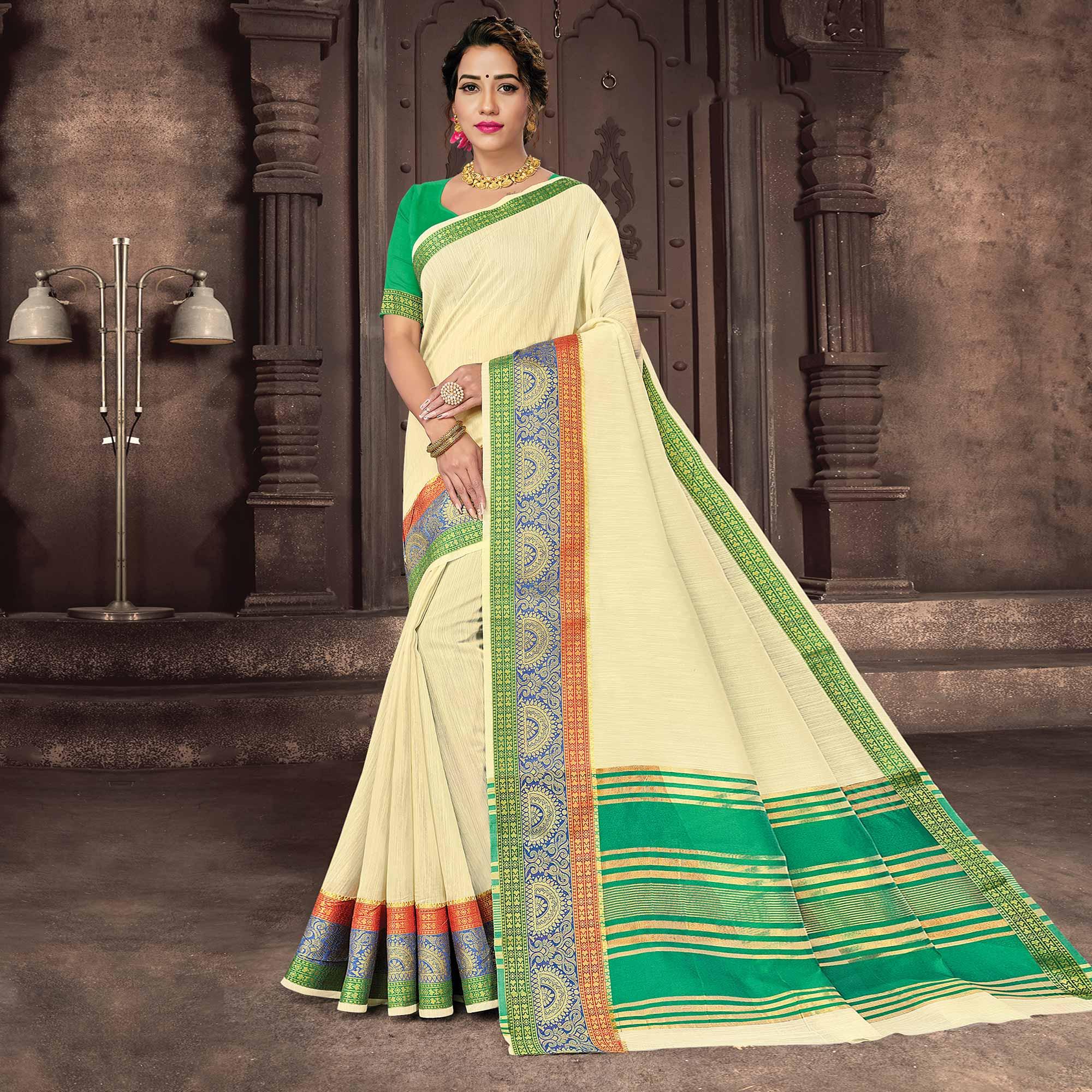 Peachmode Cream Festive Wear Woven Cotton Handloom Saree