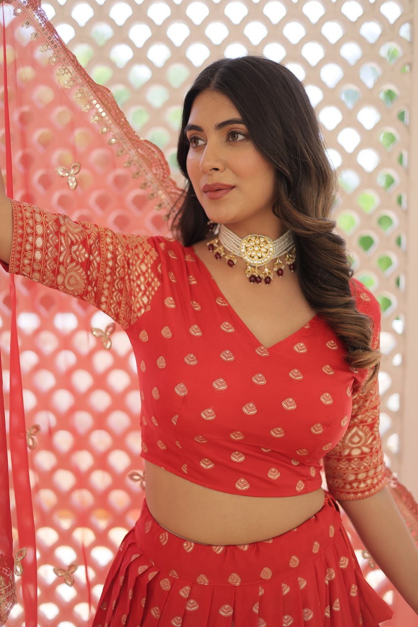 ClothsVilla Red Enchanting Dayble Viscose Jacquard Lehenga Set with Double Zari Work - view 3