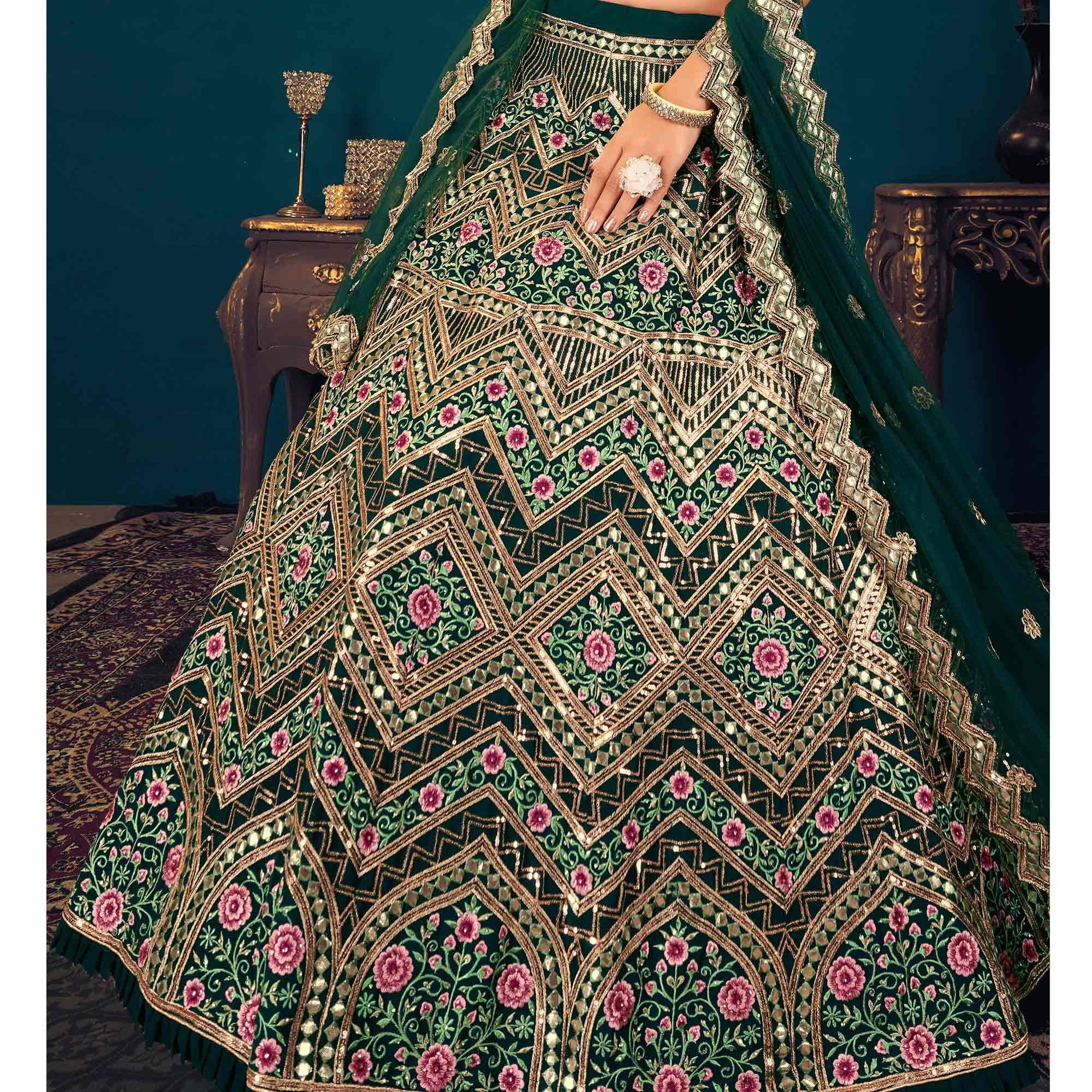 Peachmode Dark Green Partywear Sequins With Gotta Patti Embroidered Georgette Lehenga Choli - view 4