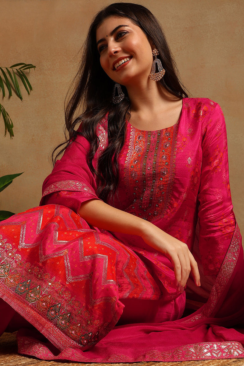 Ahika Pink Silk Ethnic Motifs Woven Design Straight Trouser Suit Set PKSKD2658 - view 2