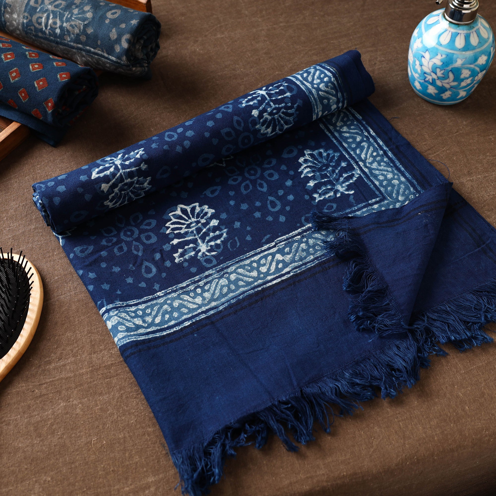 ITOKRI CRAFTS INITIATIVE Blue - Akola Block Printed Pure Handloom Cotton Towel