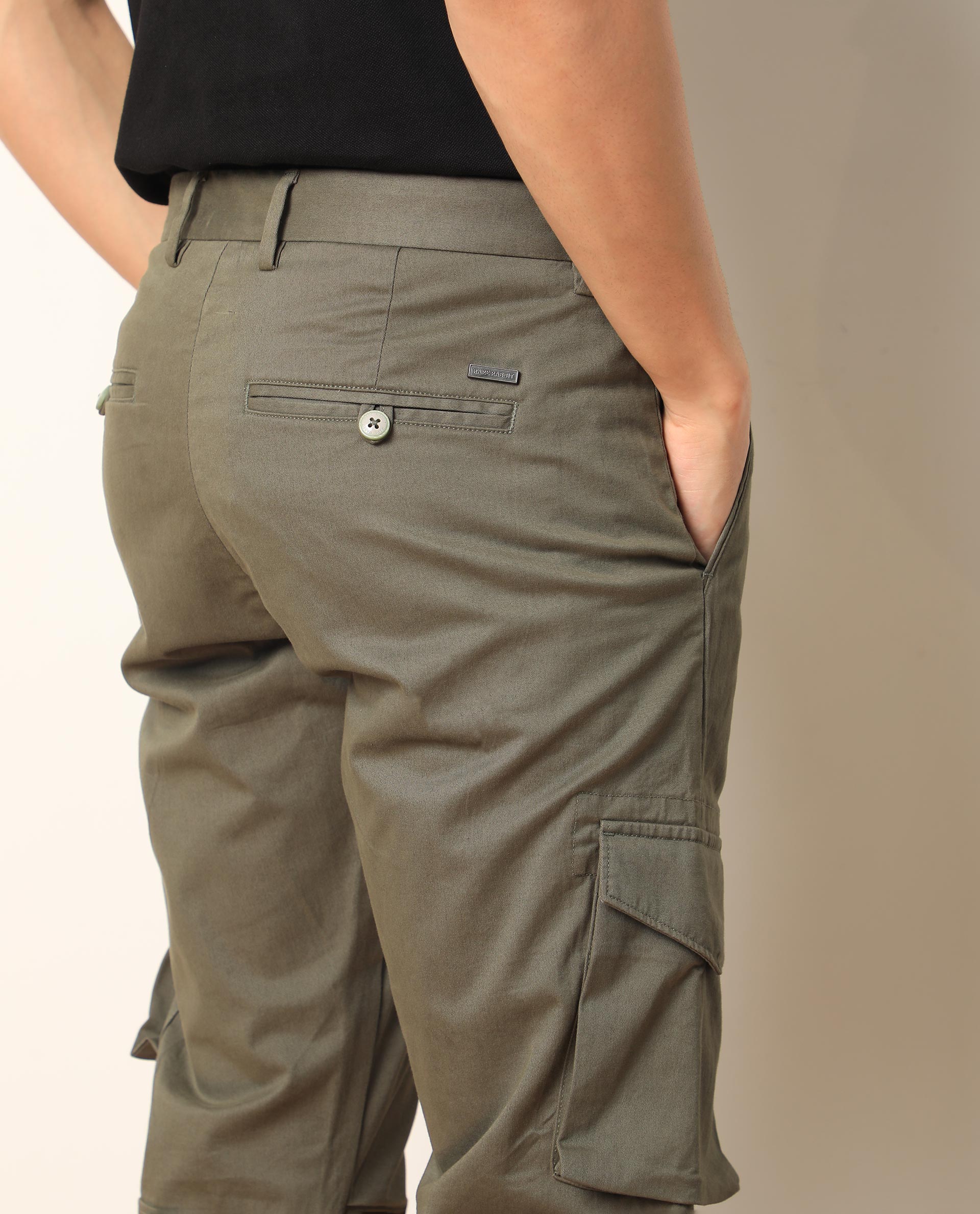 Rare Rabbit Men's Celu Olive Solid Mid-Rise Cargo Style Slim-Fit Trouser - view 8