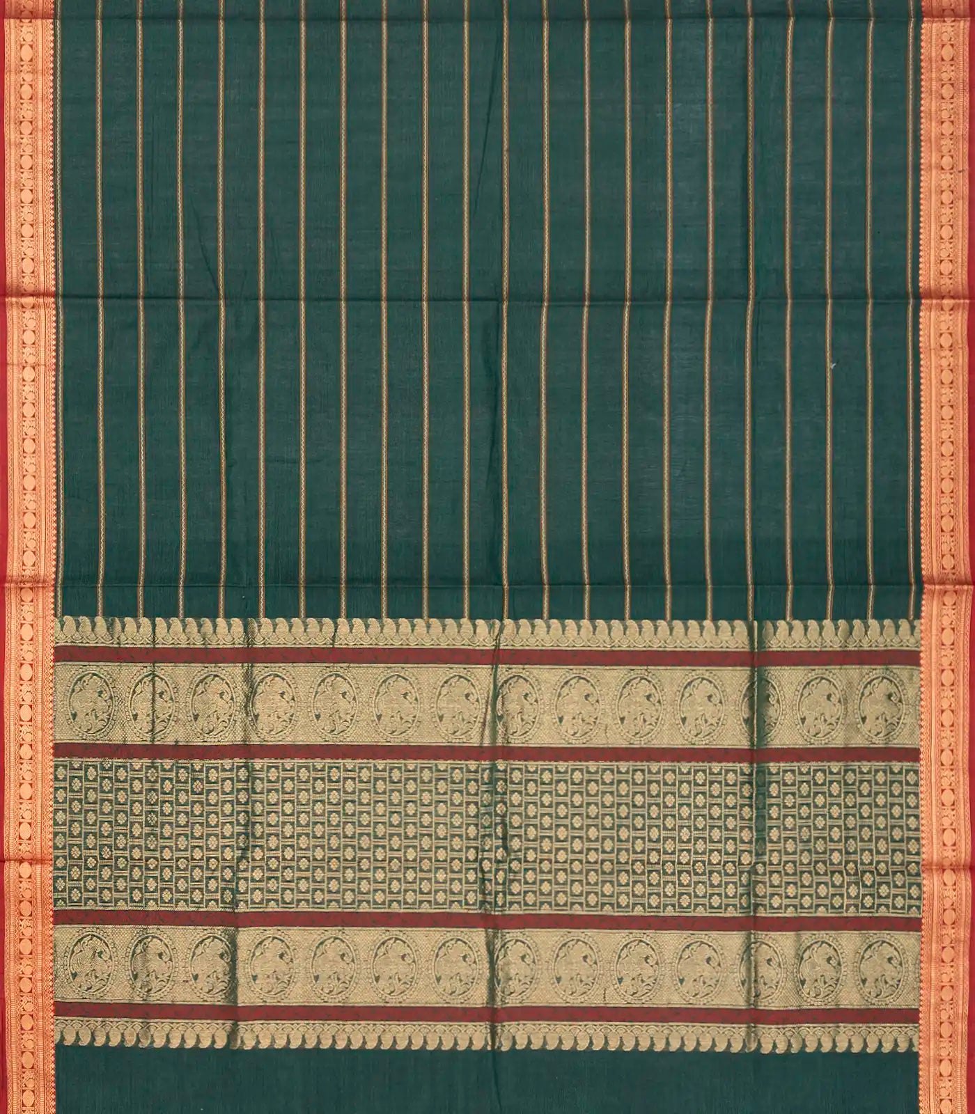 RmKV Dark Green Handloom Village Cotton Saree With Stripes and Animal motifs-Dark Green - view 2