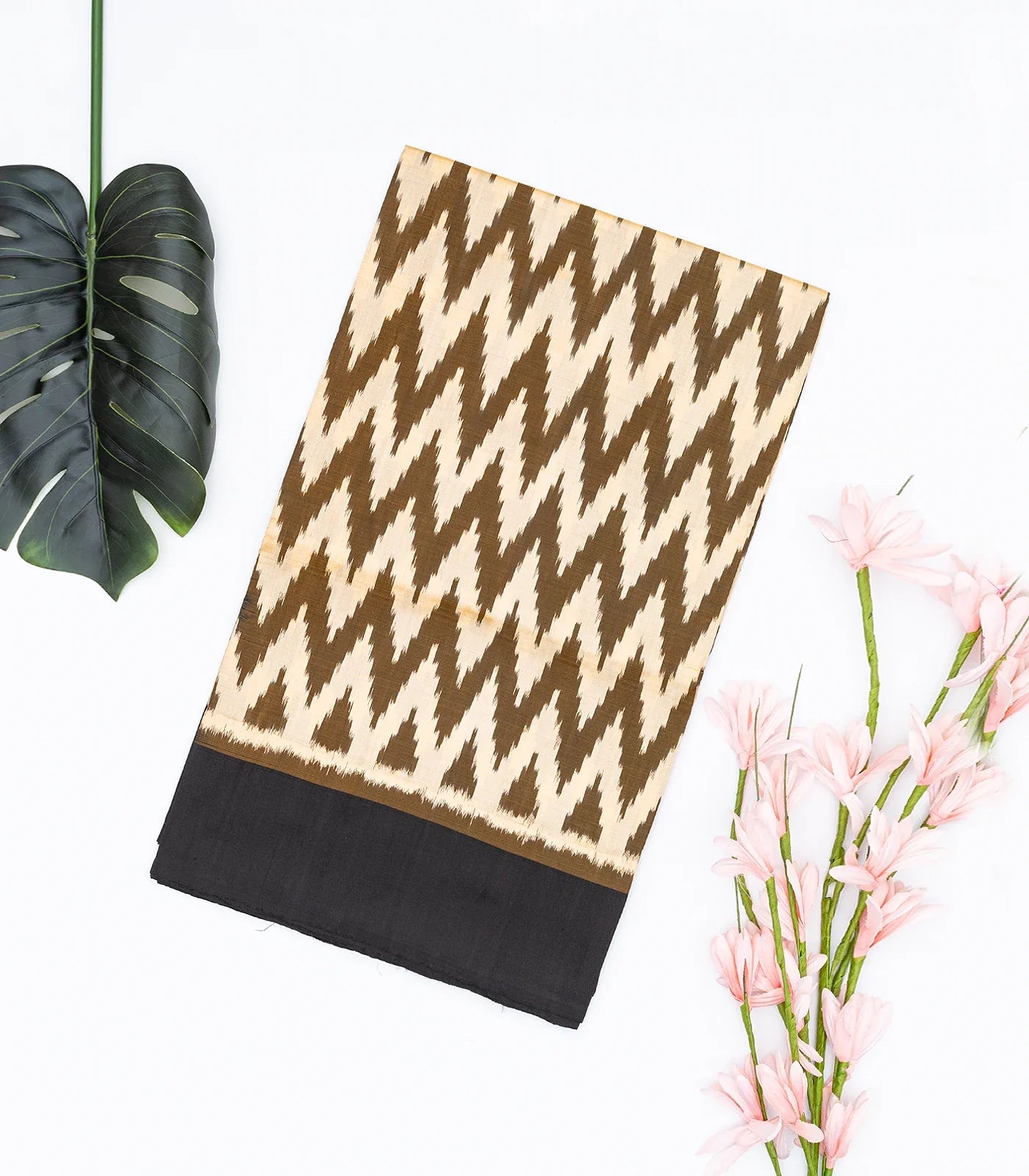 RmKV Dark Olive Handloom Ikat Silk Saree With White Chevron Motifs