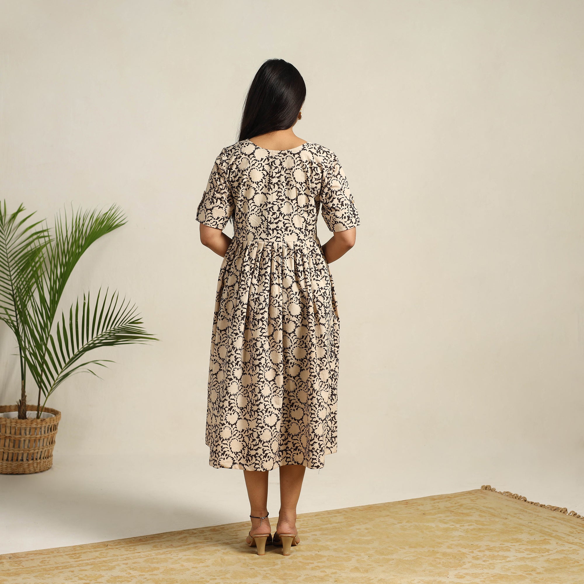 ITOKRI CASUALS Beige - Pedana Block Print Cotton Flared Kalamkari Dress 09 - view 5