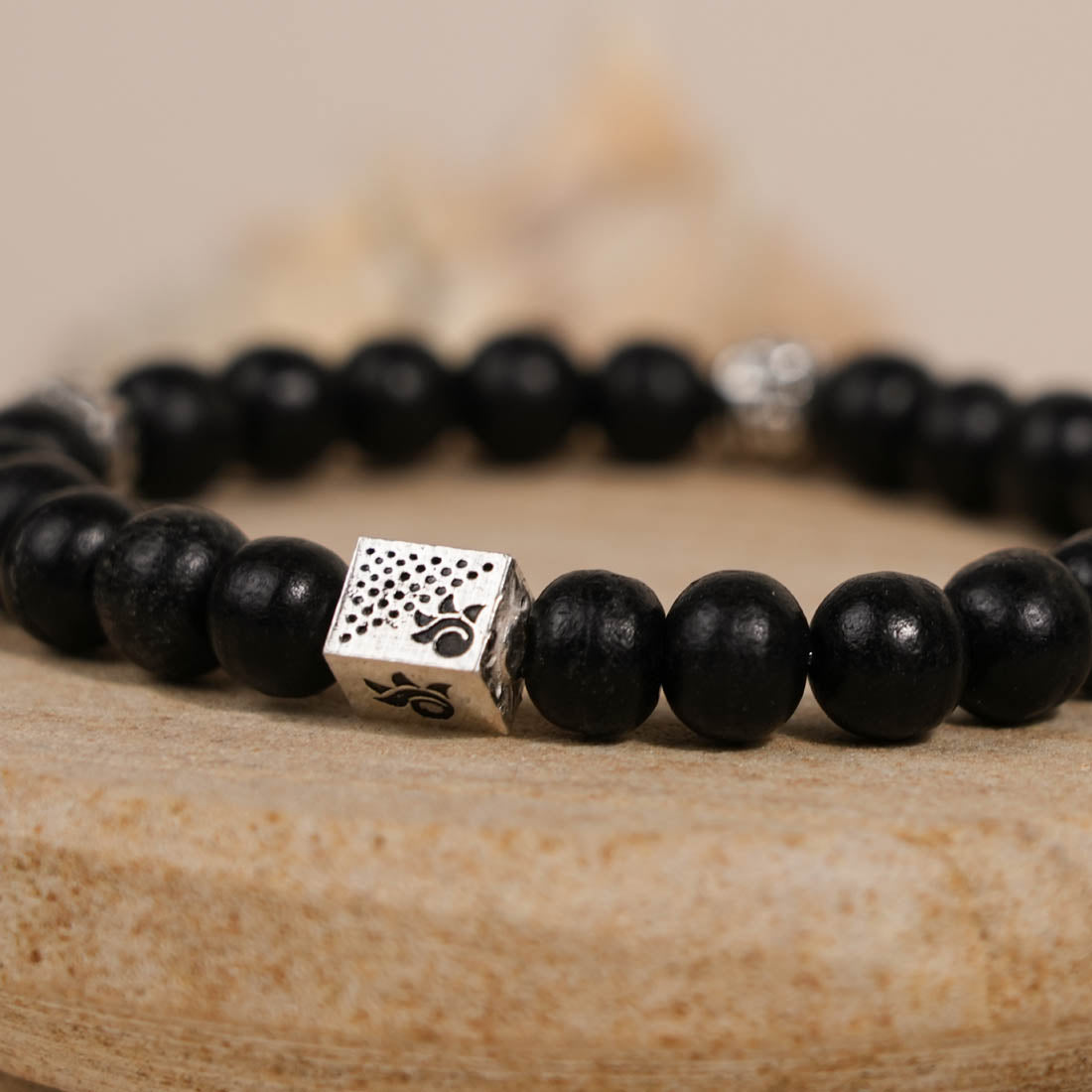 Prinjal Jewellers Ebony Karungali with Shree Hari Silver Beads Bracelet