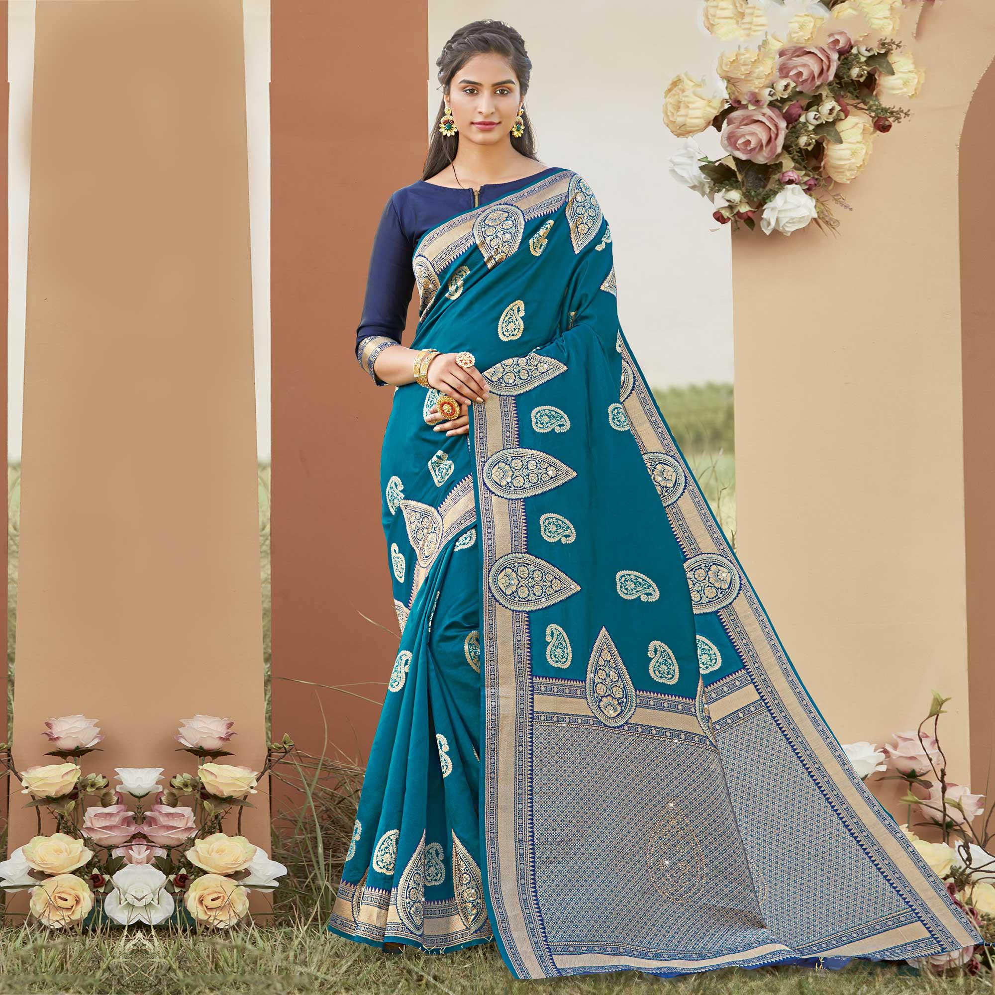 Peachmode Glowing Blue Colored Festive Wear Woven Silk Saree