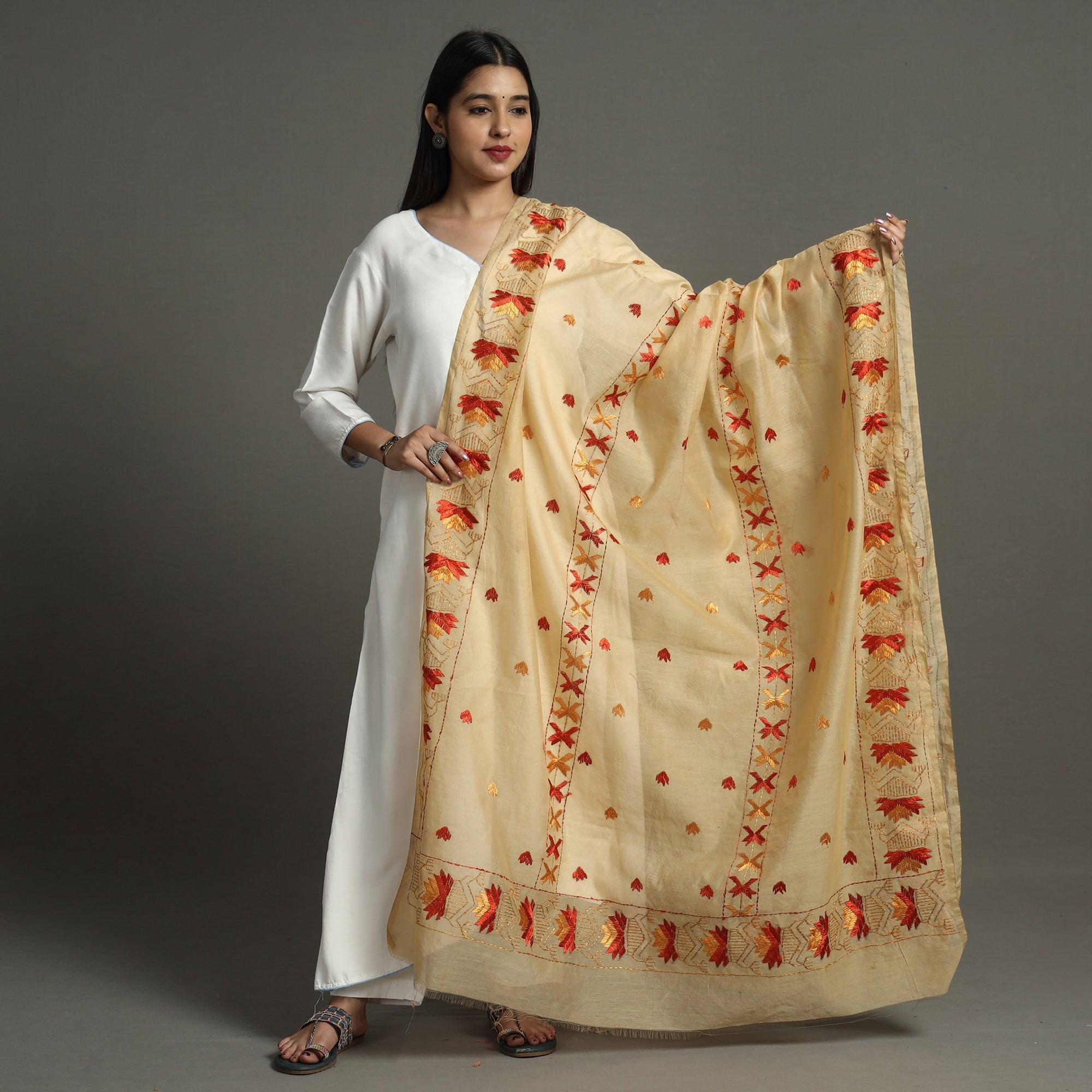 ITOKRI CRAFTS INITIATIVE Beige - Phulkari Hand Embroidery Chanderi Silk Cotton Dupatta 24