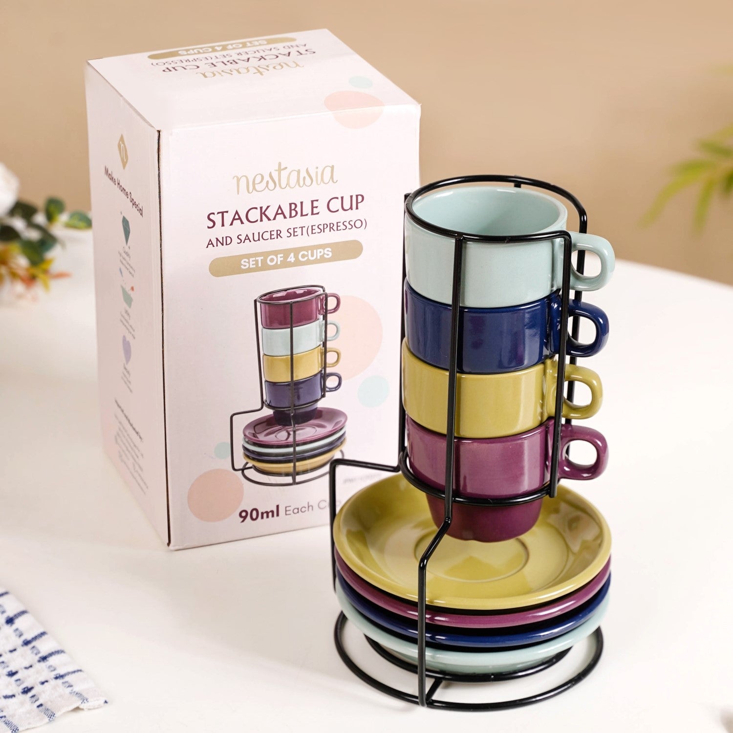 Nestasia Mini Stackable Tea Cup And Saucer Set Of 4 Multicolour 100ml