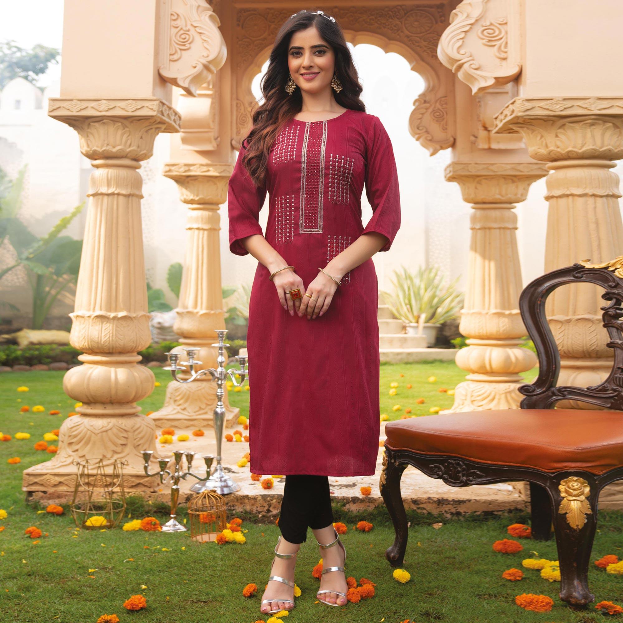 Peachmode Seller Maroon Embroidered Rayon Kurti - view 2