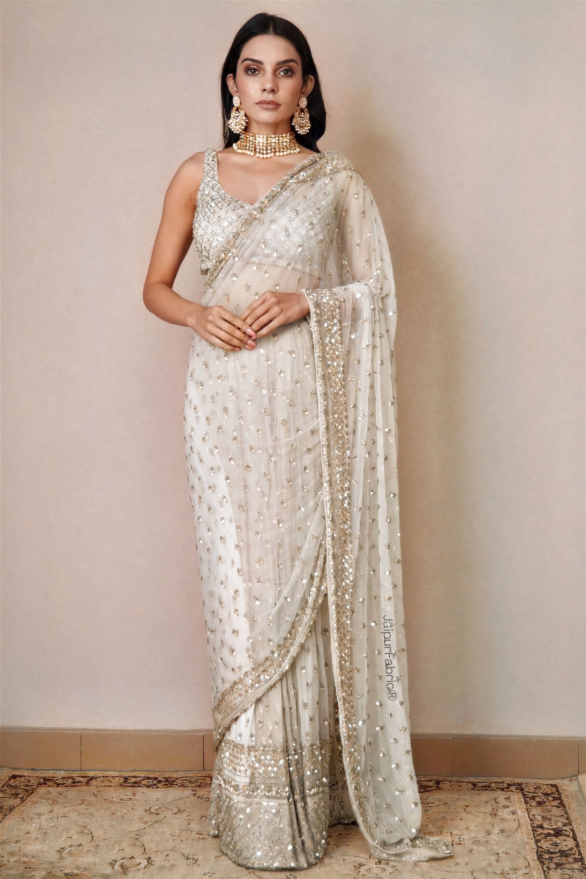 JaipurFabric® Hand Embroidered Net Saree in Off White - view 2