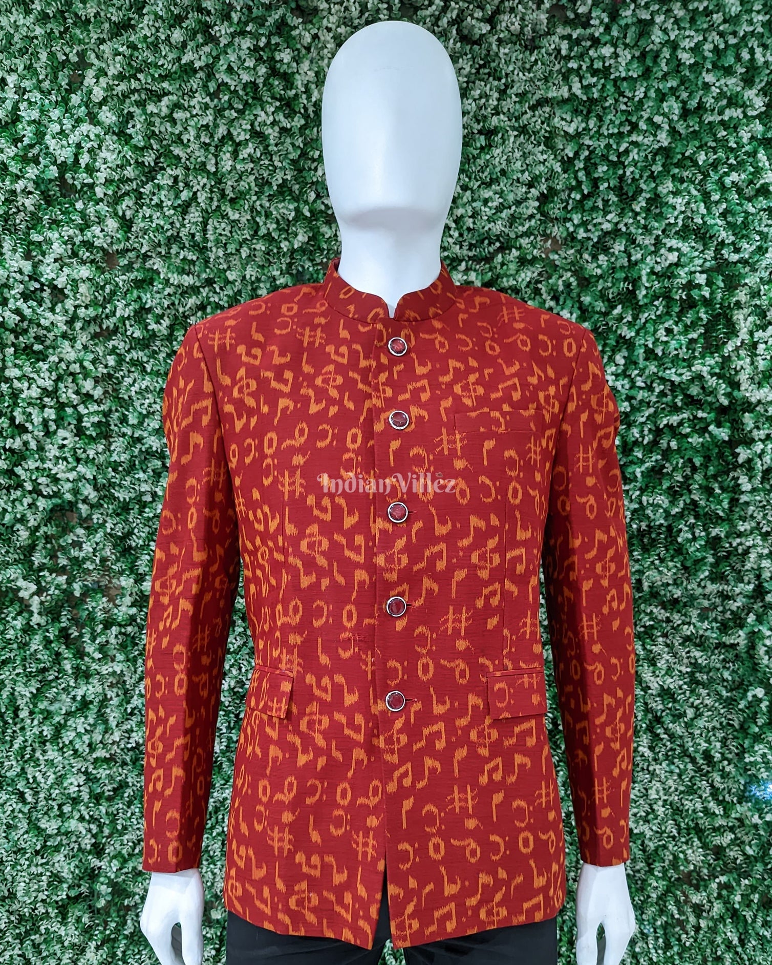 IndianVillèz Red Jodhpuri bandhgala Odisha Ikat Men's Casual Blazer With Musical Symbol