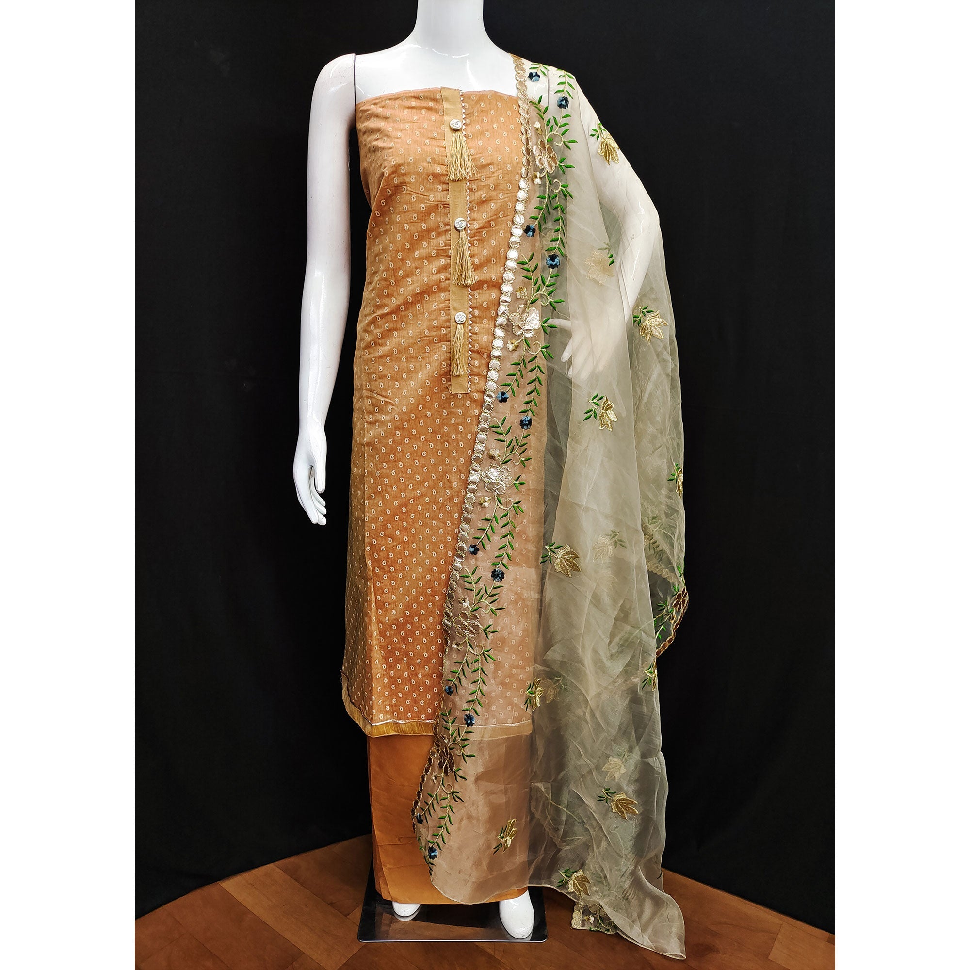 Peachmode Light Orange Printed Chanderi Dress Material - view 3