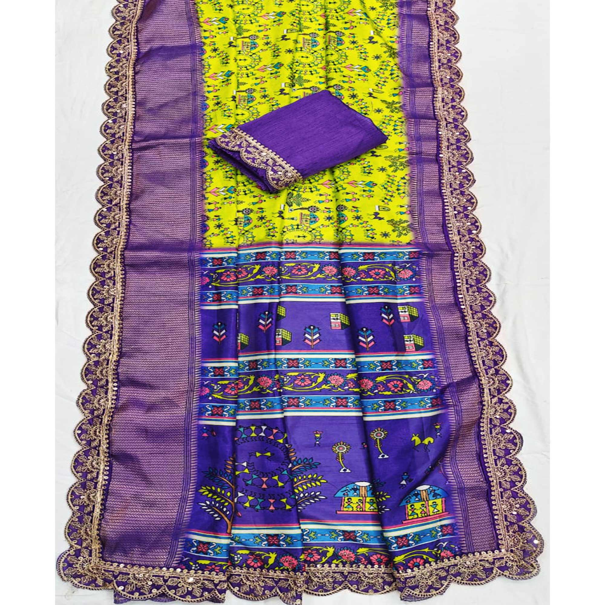 BlackTree green-warli-printed-dola-silk-saree-with-zari-border-1 - view 3
