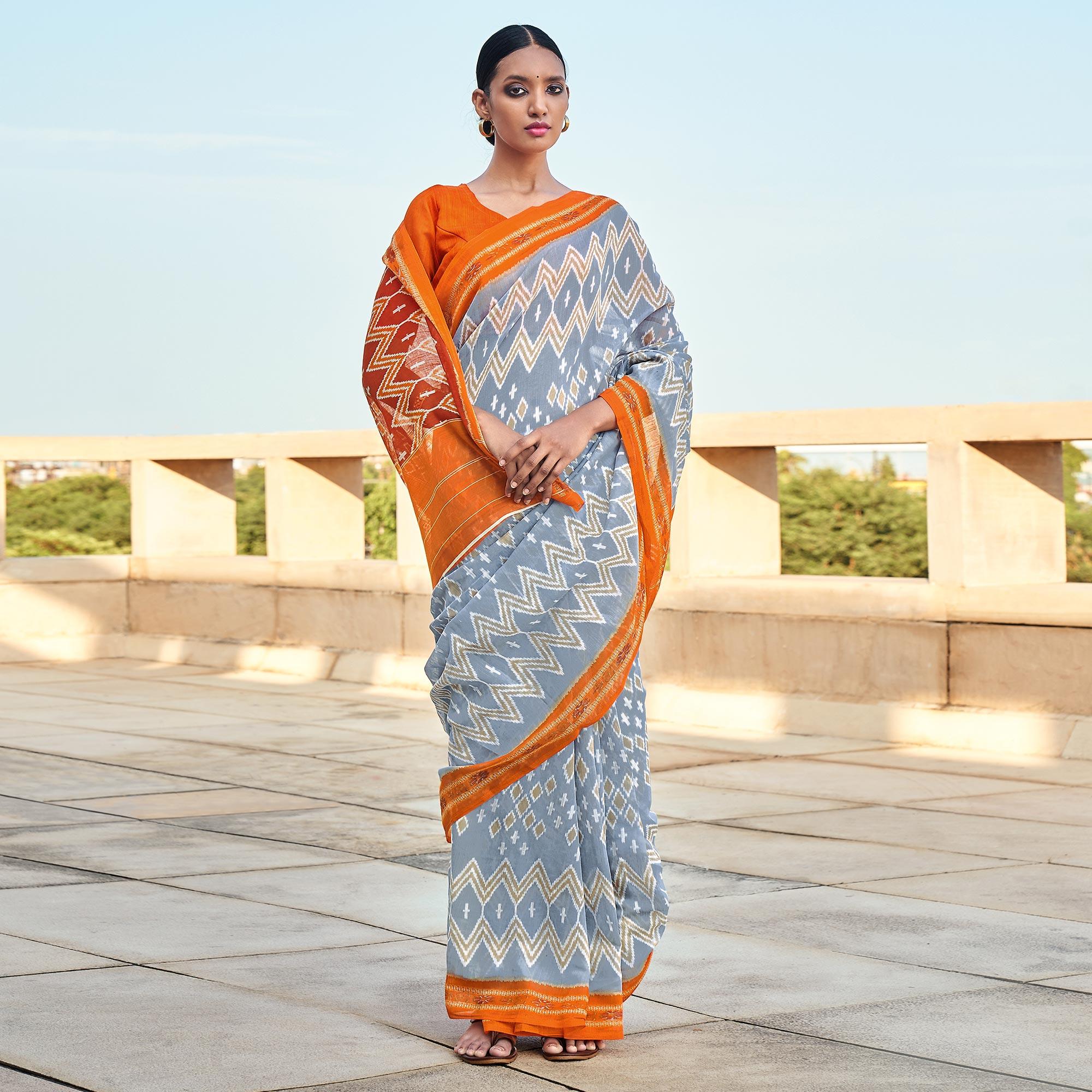 Peachmode Grey Printed Cotton Blend Saree – Women's
