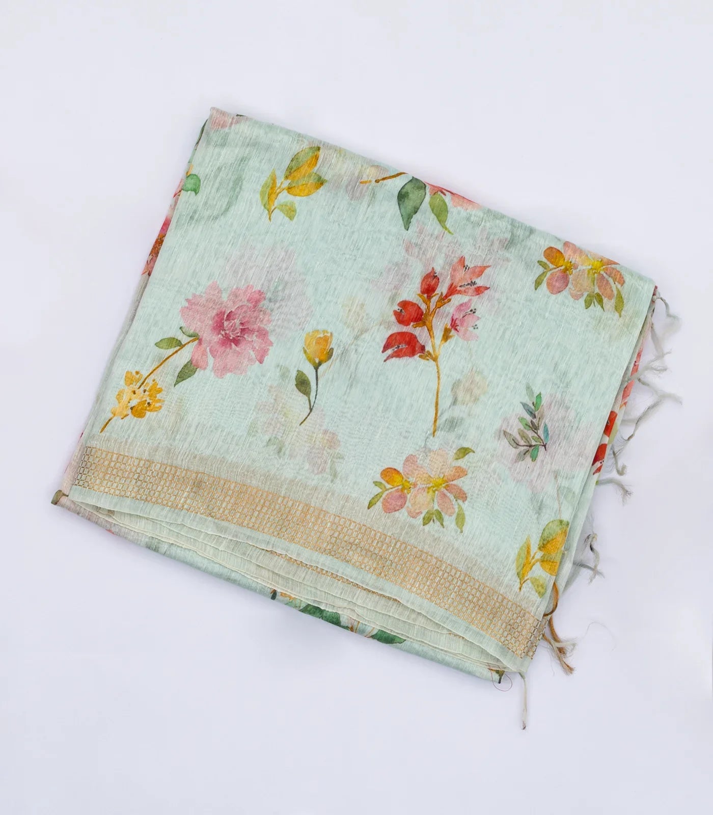 RmKV Turquoise Handloom Linen Saree With Printed Floral Motifs