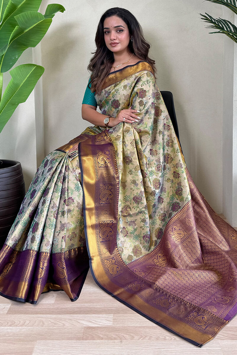 Tasrika Imaginative Beige and Blue Kanjivaram Silk Saree With Refreshing Blouse Piece - view 4