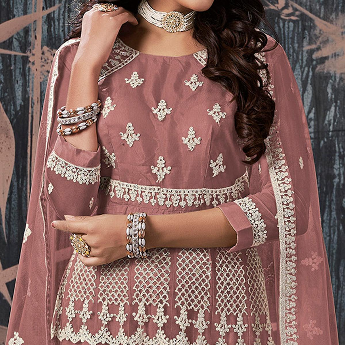 Peachmode Seller Mauve Partywear Embroidery With Embellished Net Gown - view 2