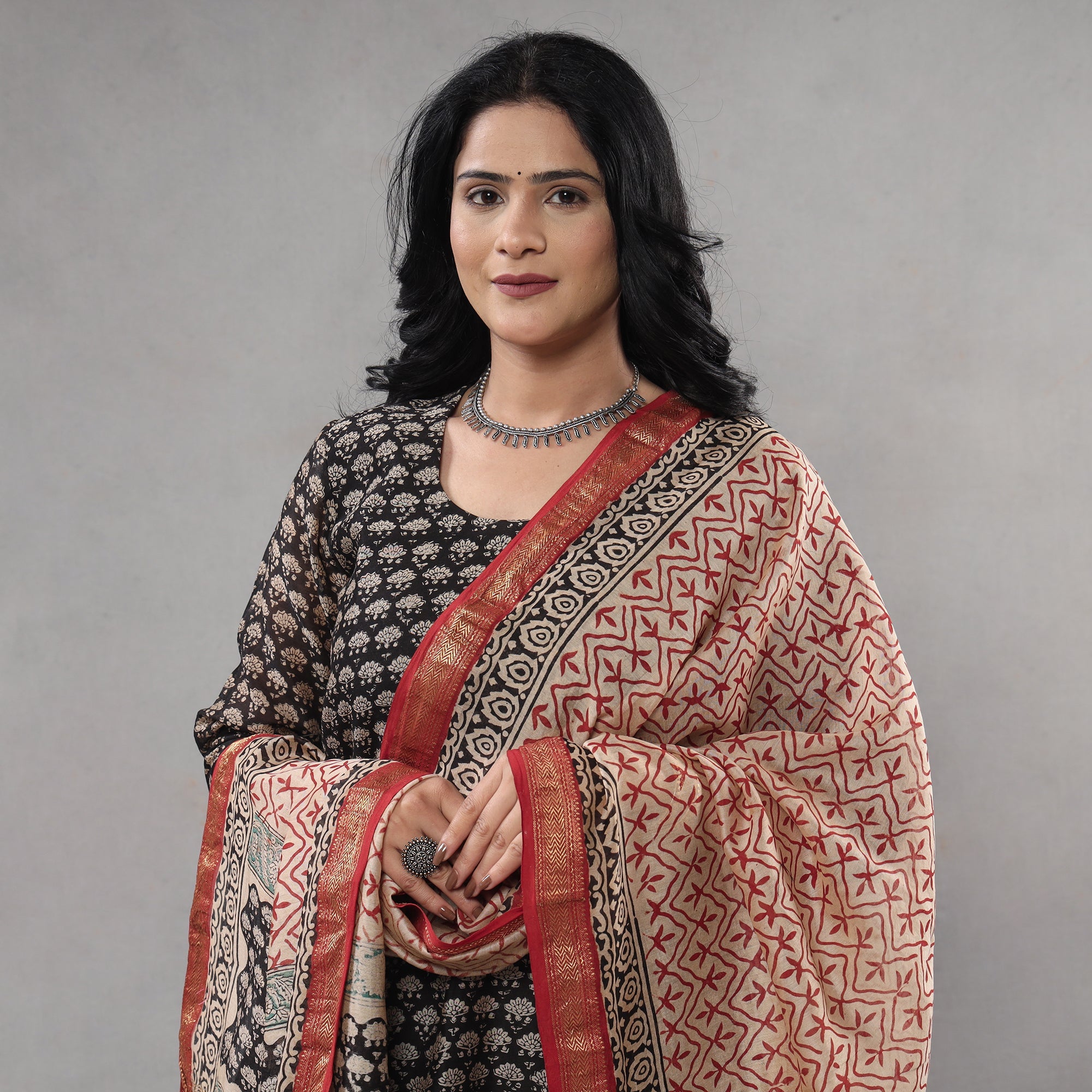 ITOKRI CASUALS Black - Bagru Block Printing Maheshwari Silk Kurta with Palazzo & Dupatta Set