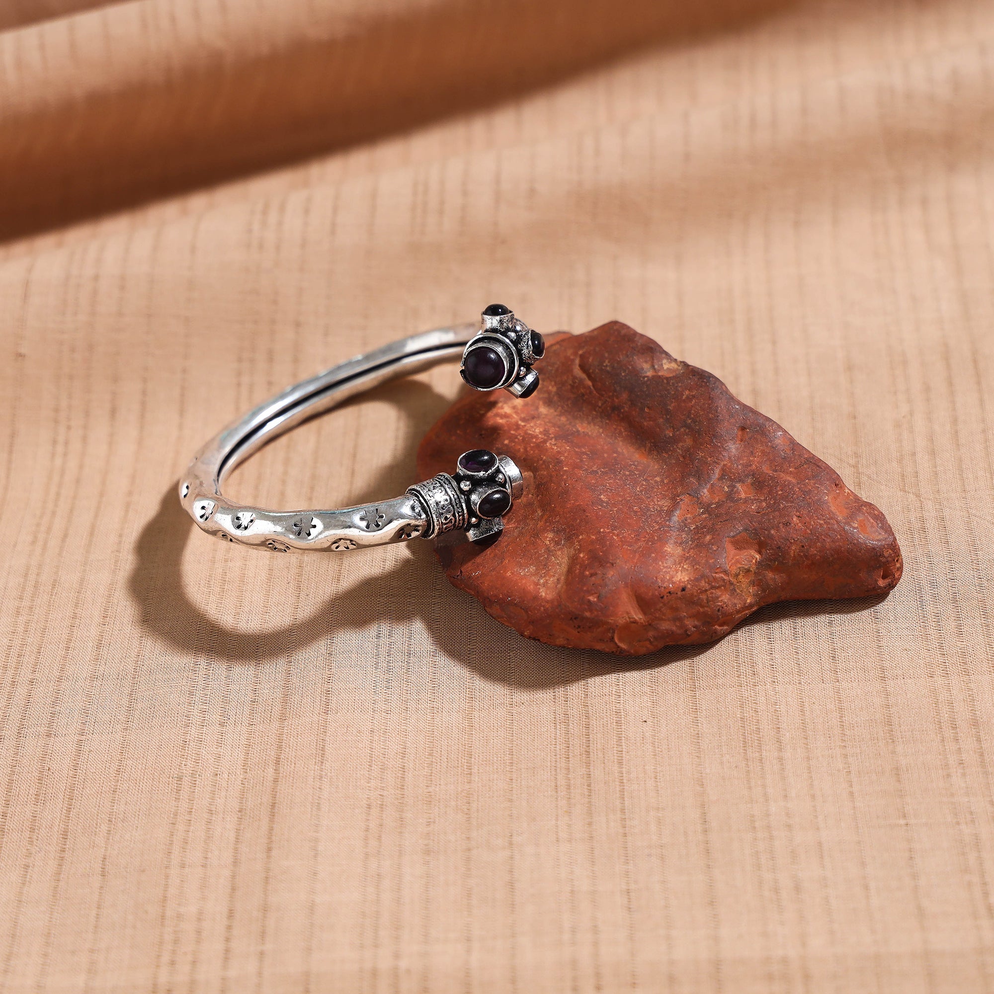 WHITE RIVER STORIES Antique Finish Oxidised German Silver Stone Bangle / Kada (Adjustable)