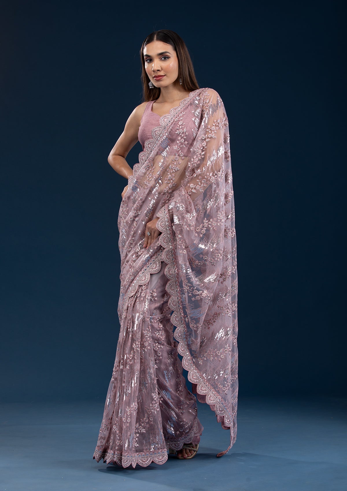 Koskii Onion Pink Sequins Net Saree – Women's - view 5