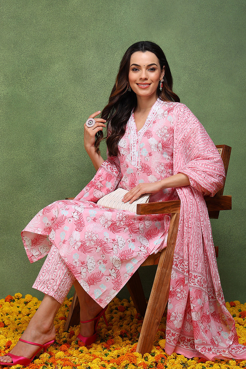 Ahika Pink Pure Cotton Floral Printed Straight Suit Set JPSKD1015PNK - view 4