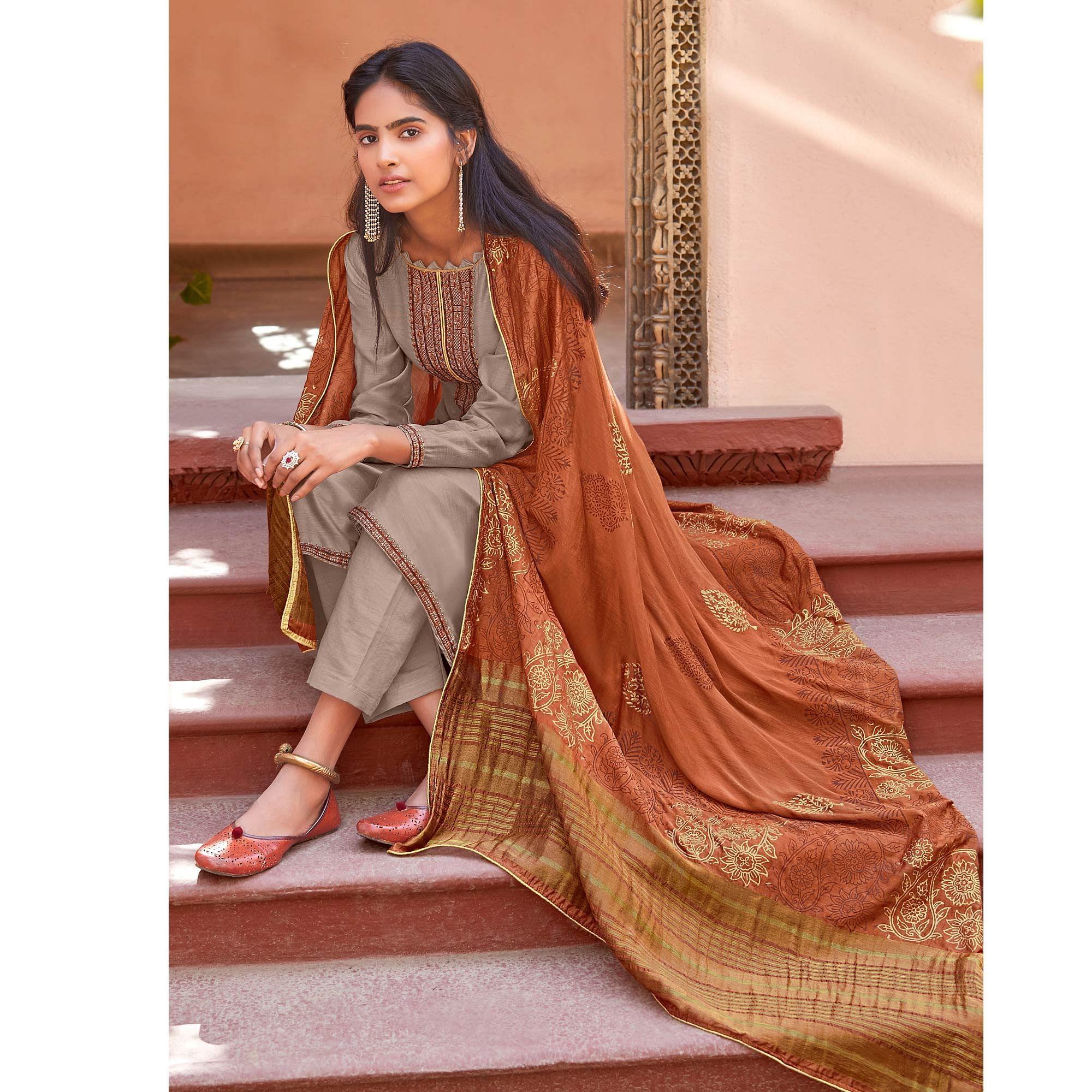 Peachmode Light Gray Festive Wear Embroidered Viscose Cotton Silk Salwar Suit - view 2