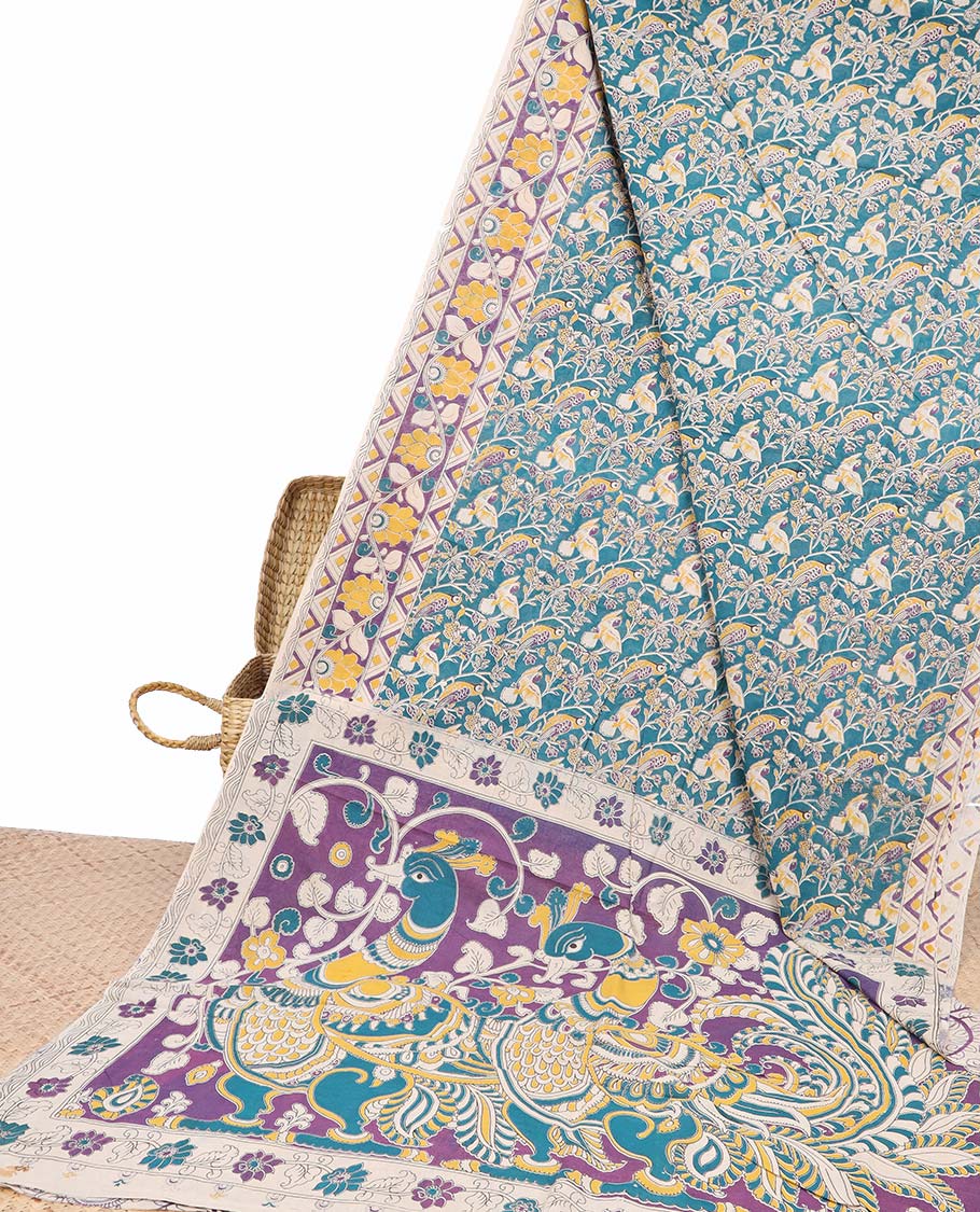 Pothys Blue floral & bird machine-printed kalamkari cotton saree, contrast floral & chevron pallu & peacock pallu