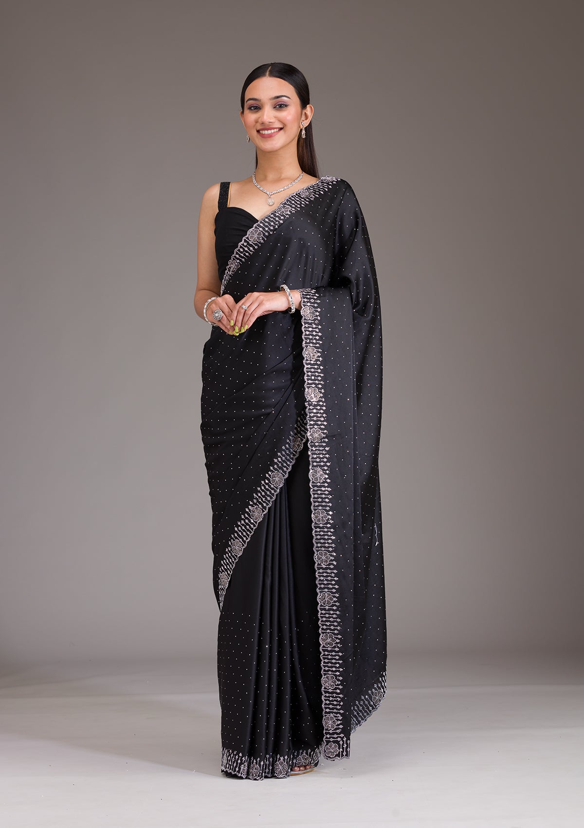 Koskii Black Swarovski Satin Saree – Women's - view 7