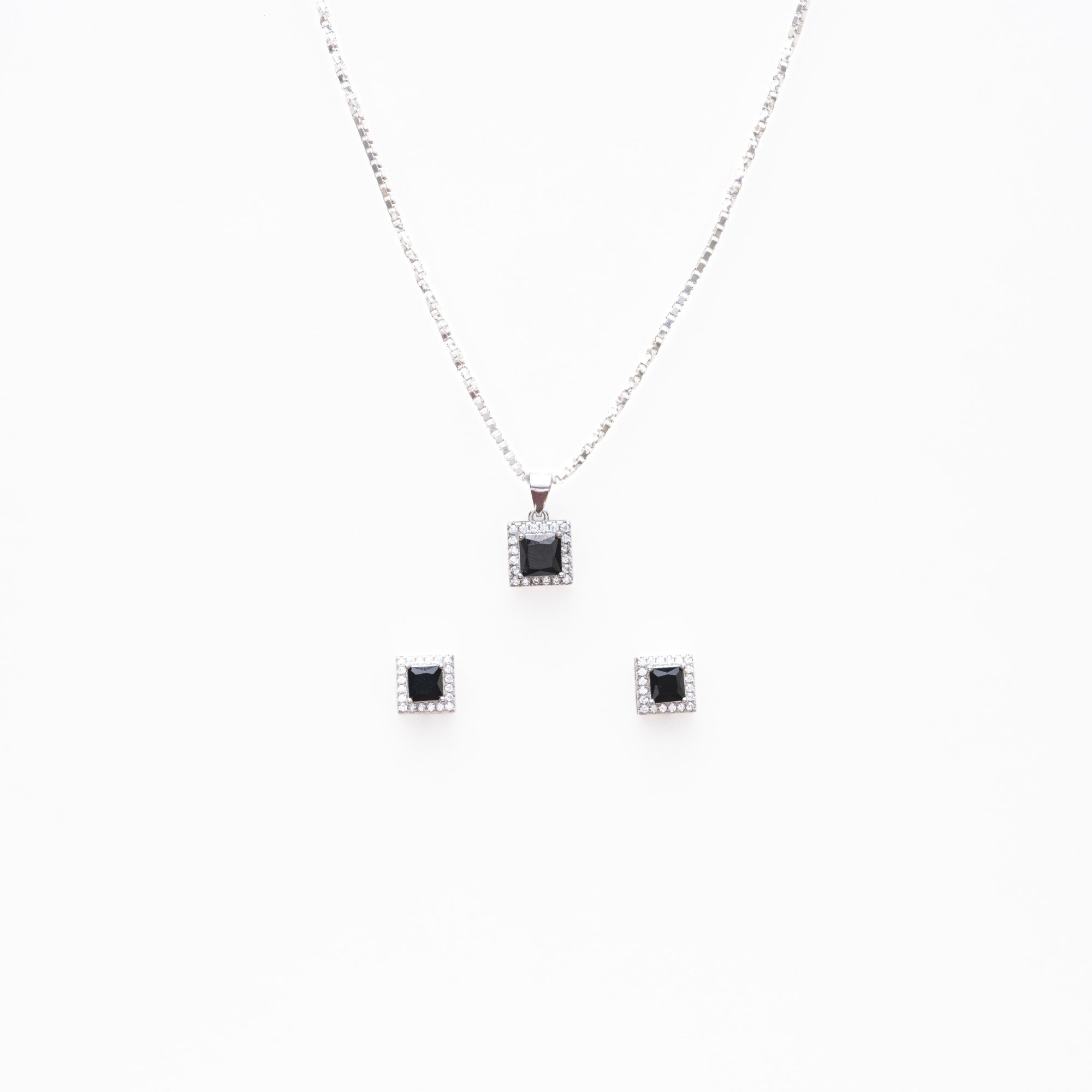 Prinjal Jewellers Silver set Chain square pendant and earrings with black stones for women - view 3