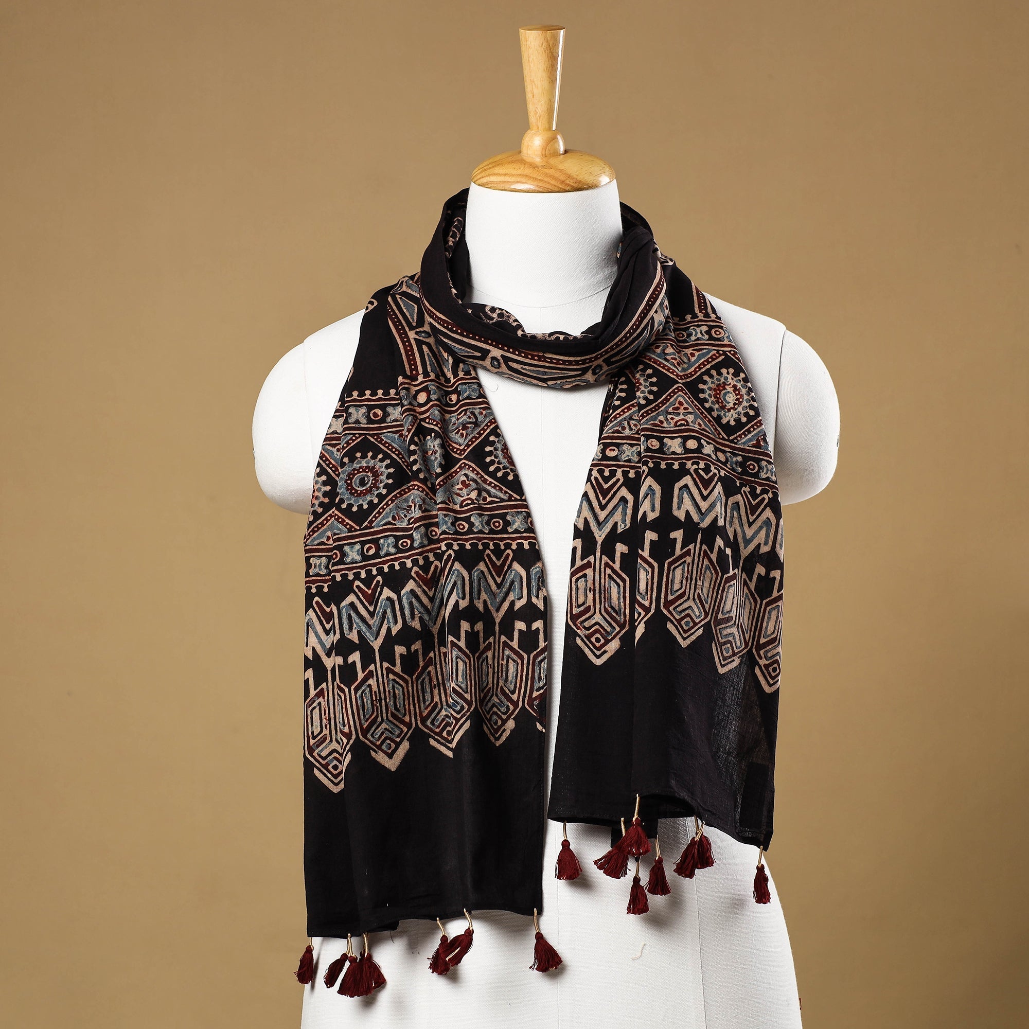 RIYAZ ABDULMAJID KHATRI - AJRAKH Black - Ajrakh Block Printed Mul Cotton Stole with Tassels