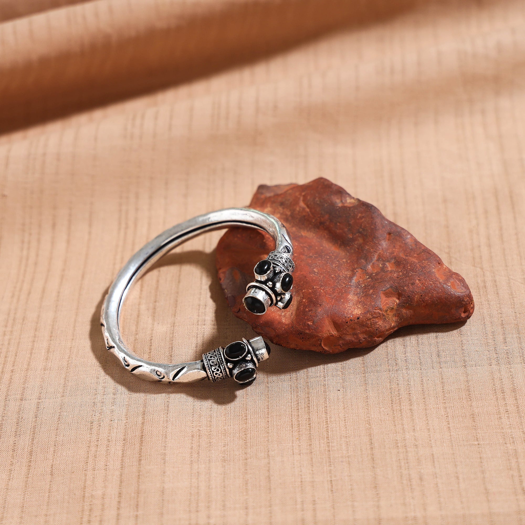 WHITE RIVER STORIES Antique Finish Oxidised German Silver Stone Bangle / Kada (Adjustable)