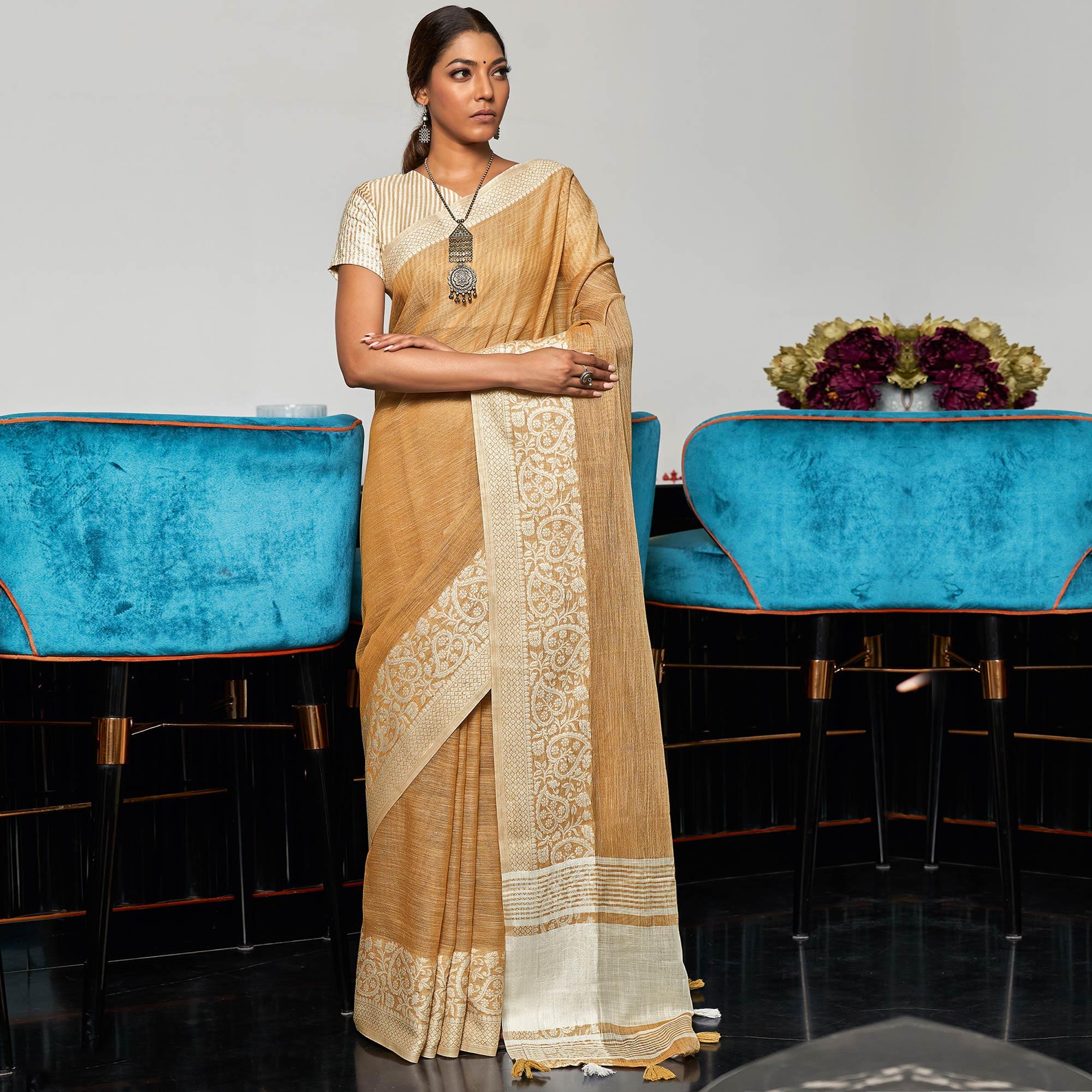 Peachmode Brown Partywear Woven Linen Saree – Women's