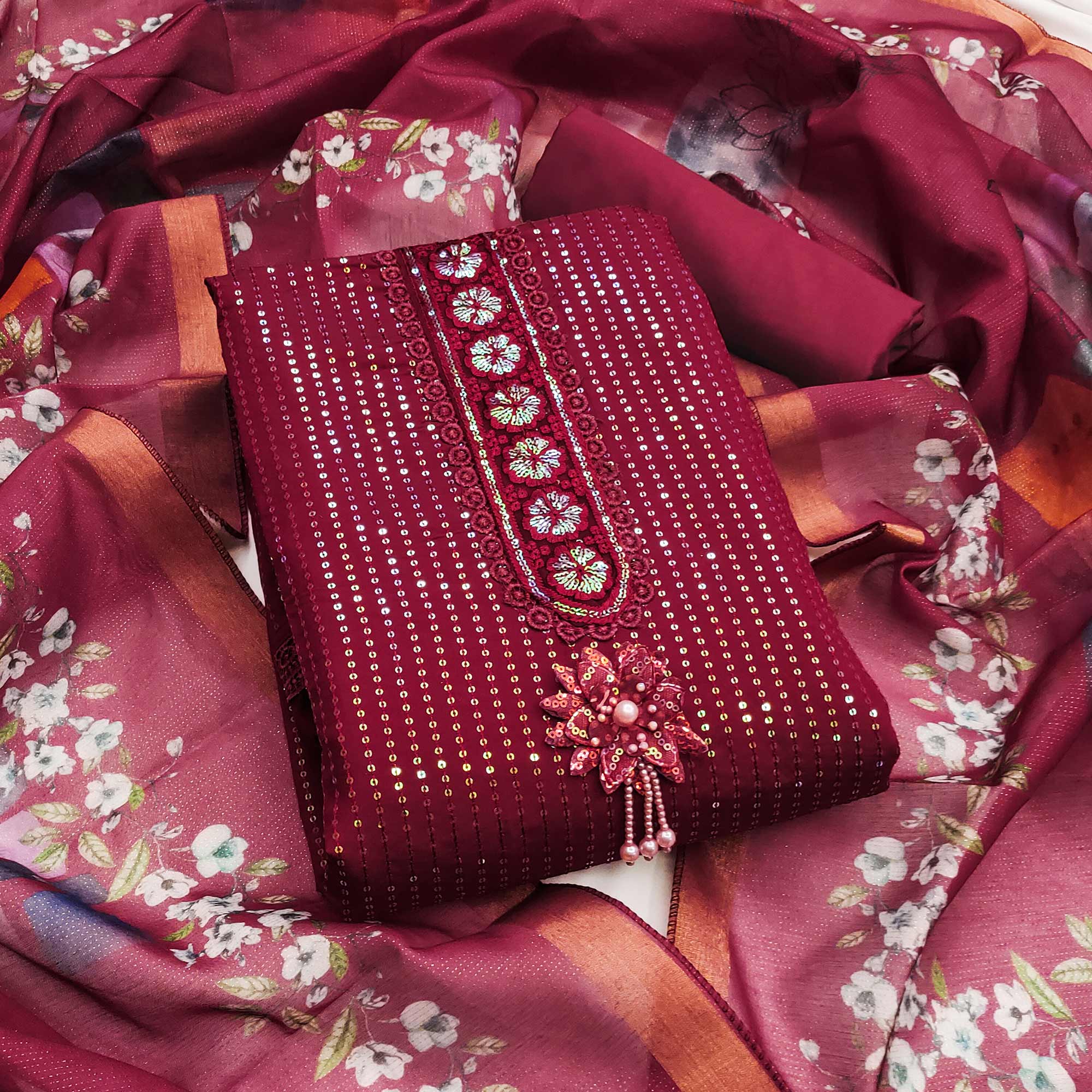 Peachmode Maroon Floral Sequins Embroidery Cotton Roman Silk Dress Material