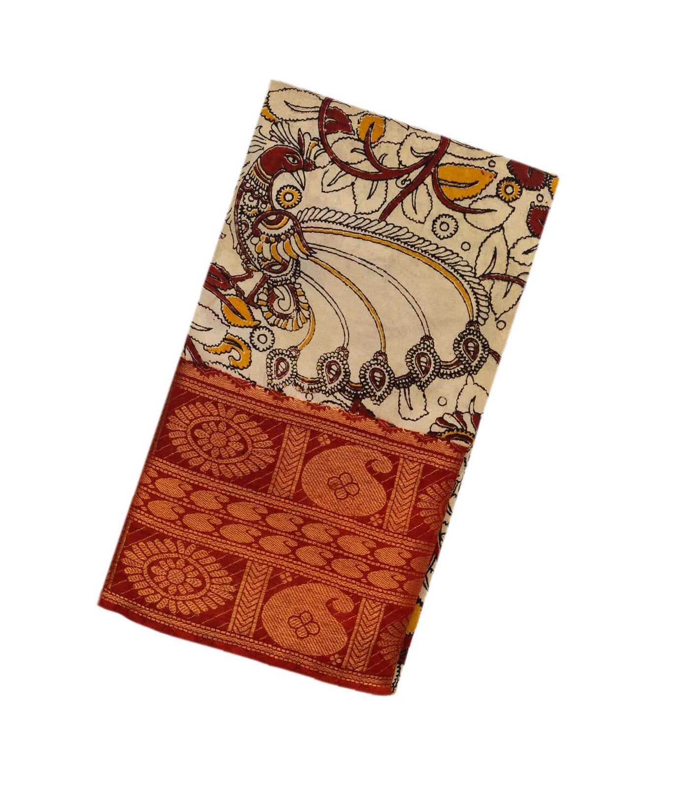 RmKV Taupe Handloom Kalamkari Cotton Saree With Printed Annam Vine Motifs