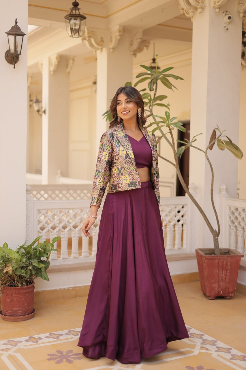 Clothsvilla Purple Chinnon Lehenga Set with Sleeveless Blouse and Jacquard Koti - view 2
