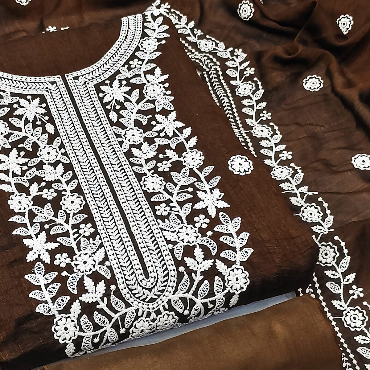 Peachmode Brown Floral Embroidered Vichitra Silk Dress Material - view 2
