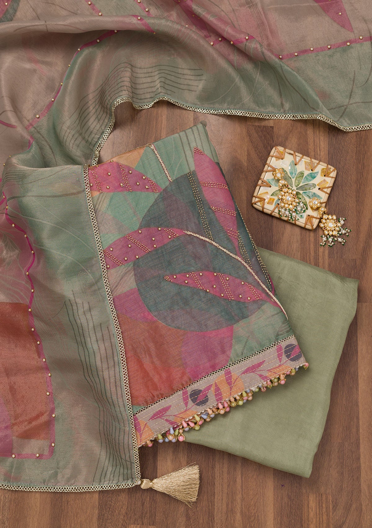 Koskii Green Printed Semi Crepe Unstitched Salwar Suit