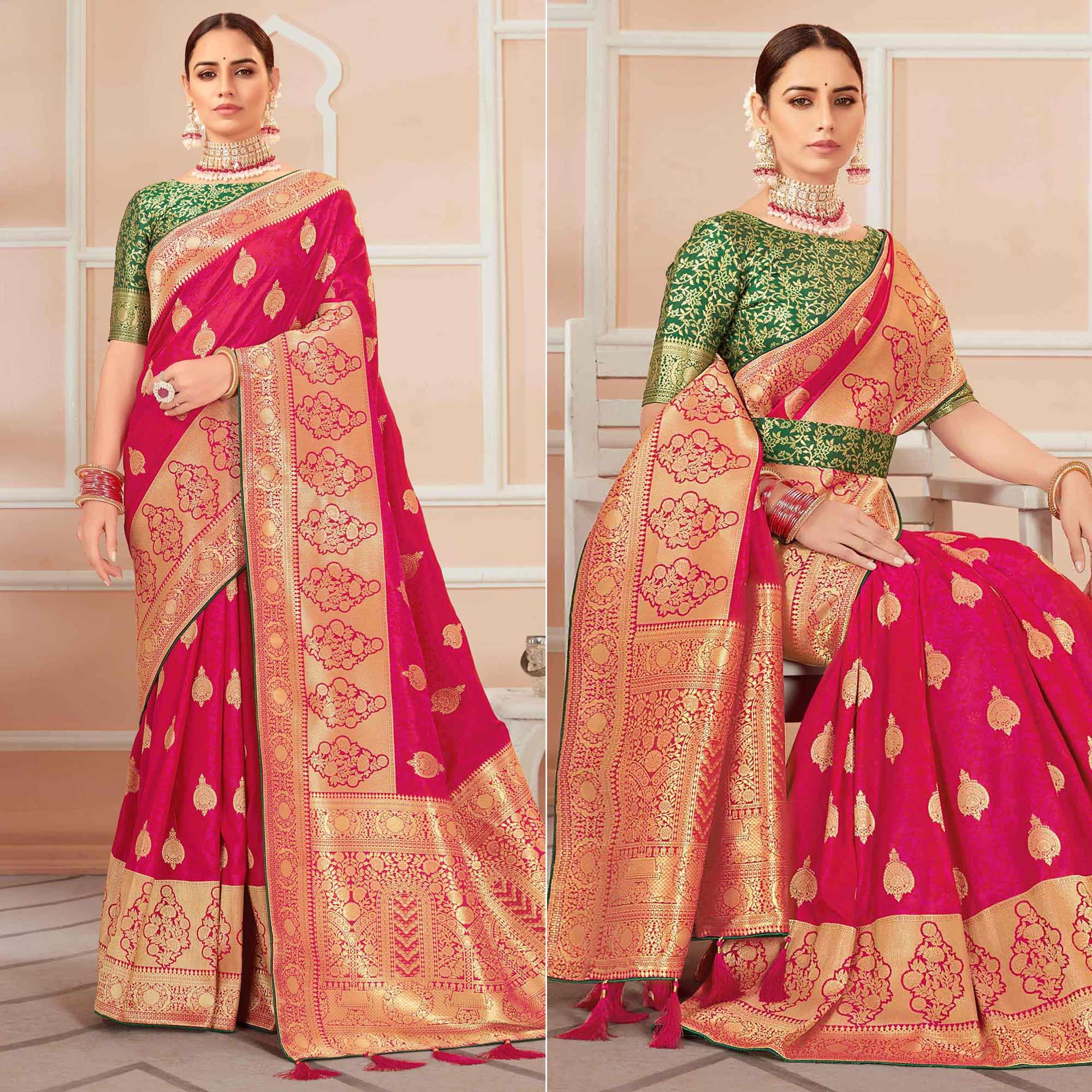Peachmode Dark Pink Festive Wear Woven Banarasi Silk Saree With Tassels