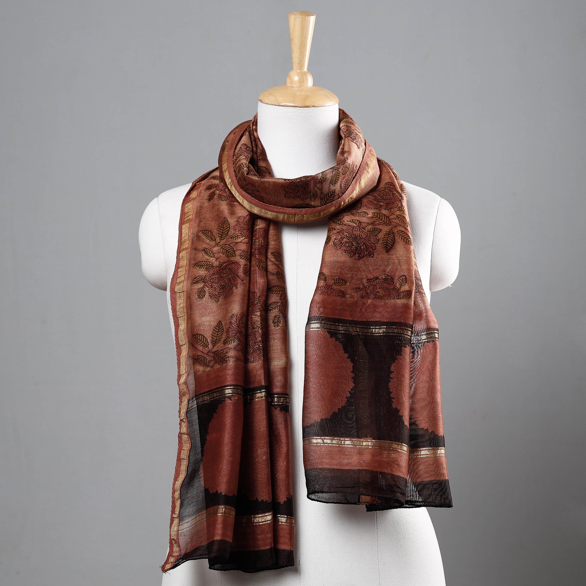 BAGRU DABU PRINTS Brown - Bagru Block Printed Chanderi Silk Handloom Stole with Zari Border