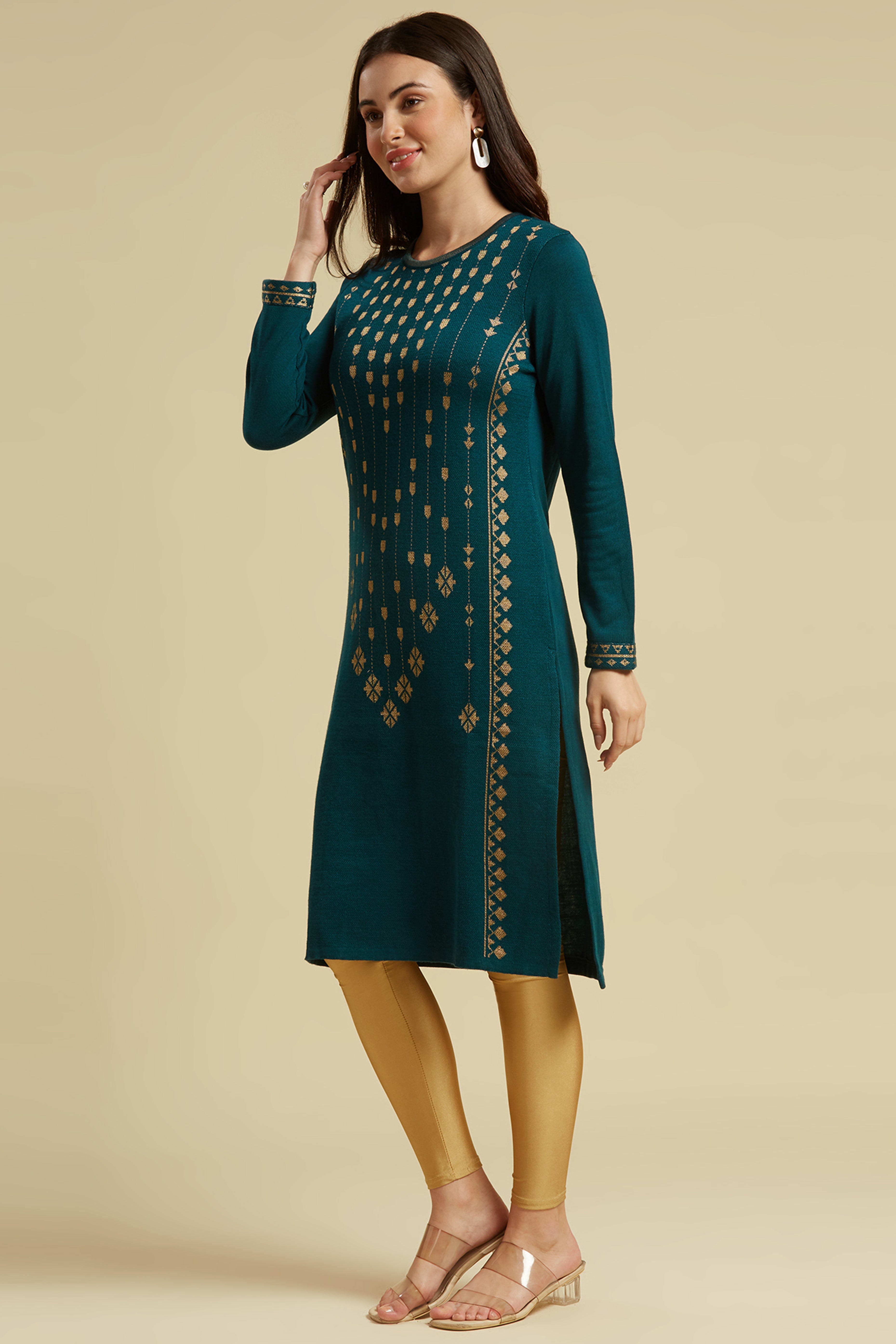 Peachmode Dark Teal Floral Woolen Top Bottom Set - view 4